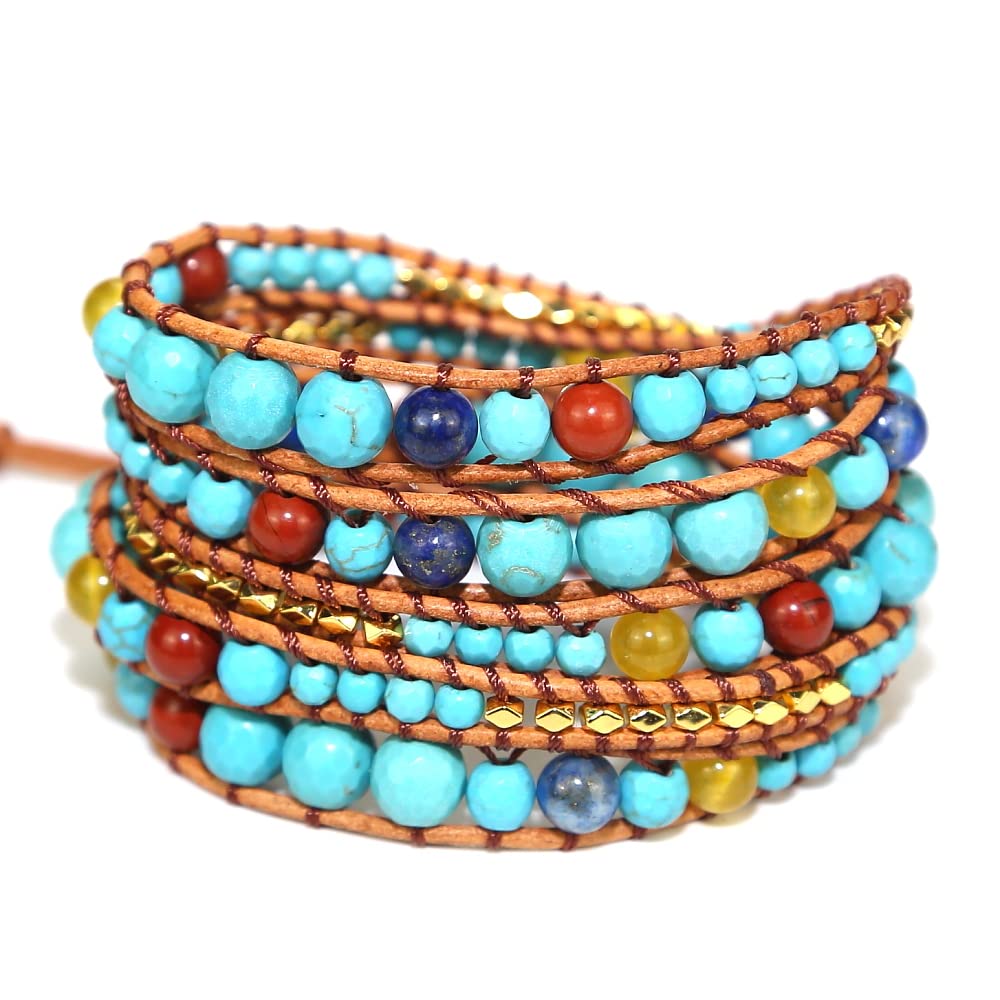 ZOSOJONA Handmade Boho Wrap Bracelet For Women Adjustable Nature Stone Turquoise Crystal Beaded Bracelets