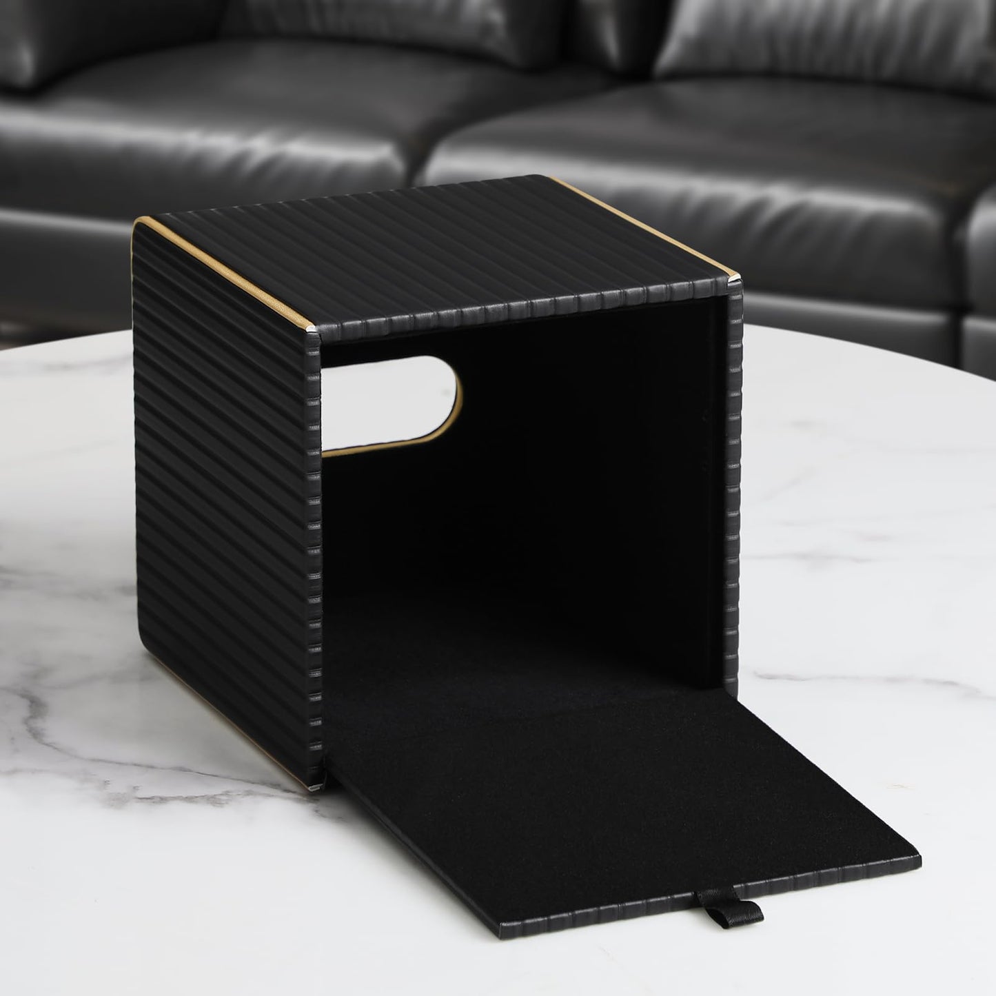 Square PU Leather Tissue Box Cover with Magnetic Closure, Decorative Tissue Holder & Storage Container for Bedroom, Living Room, Dining Room, Bathroom, Countertop, Desk & Office (Black)