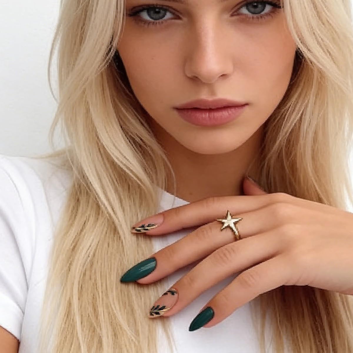FJSMTOPl Green Press on Nails - Medium Almond Fake Nails - with Designs Leaf False Nails Press ons - Glue on Nails St Patricks Day Nails Acrylic Stick on Nail for Women 24 Pcs