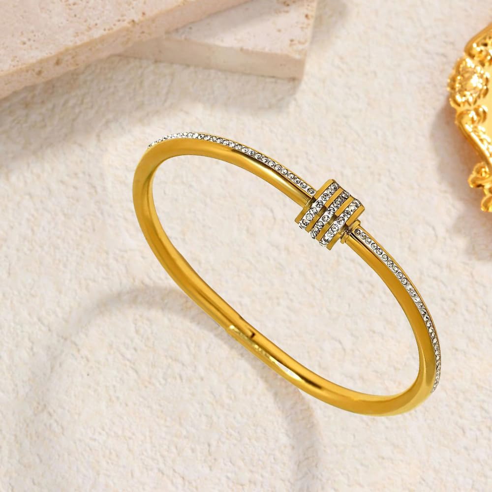 18K Gold Plated Bangle Bracelet for Women Personalized Cubic Zirconia Stainless Steel Bracelets Oval Tiny Waist Bangles Bracelets Gifts for Love (Spiral)