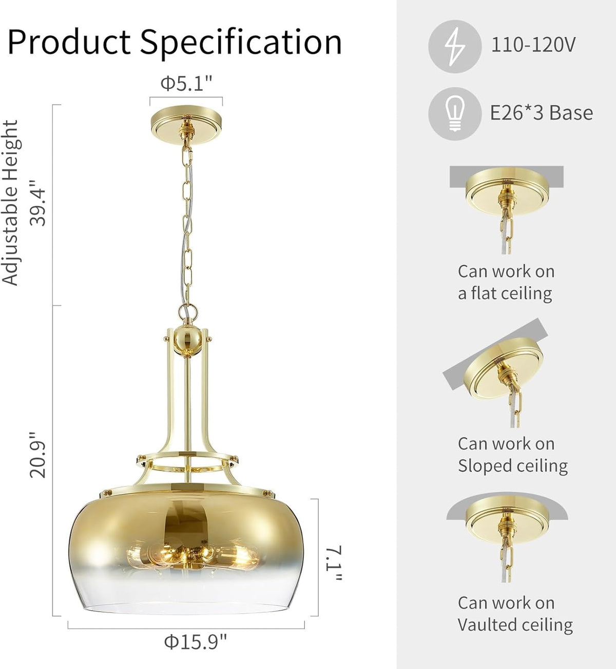 WUZUPS Gold Chandelier Rustic Farmhouse Industrial Round Ceiling Pendant LED Light Fixture with Gradient Glass Shade for Dining Room Kitchen Island Foyer Entryway, H 20.9" W 15.9", E26 Base