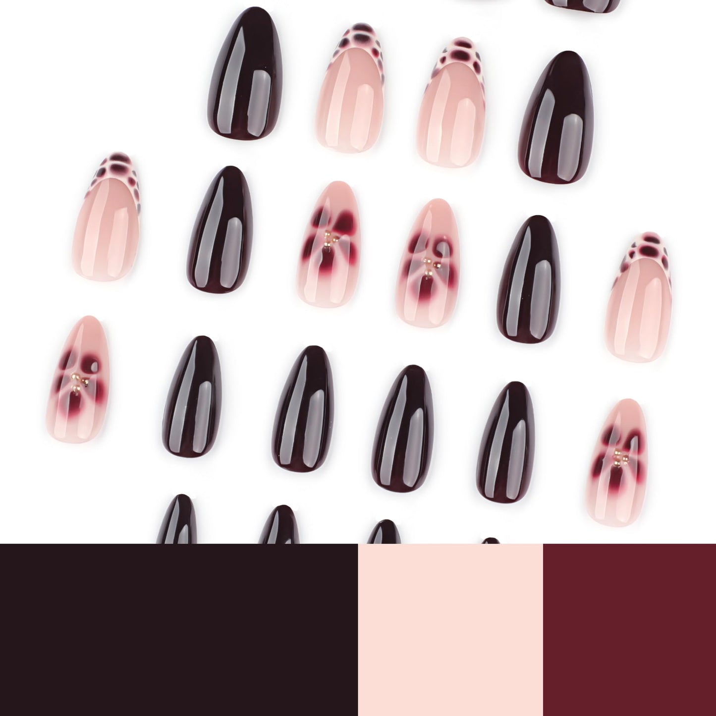 plalely Long Press on Nails Almond, Acrylic Press on Nails with Flower Designs, Long Almond Nail Tips for Women 24pcs