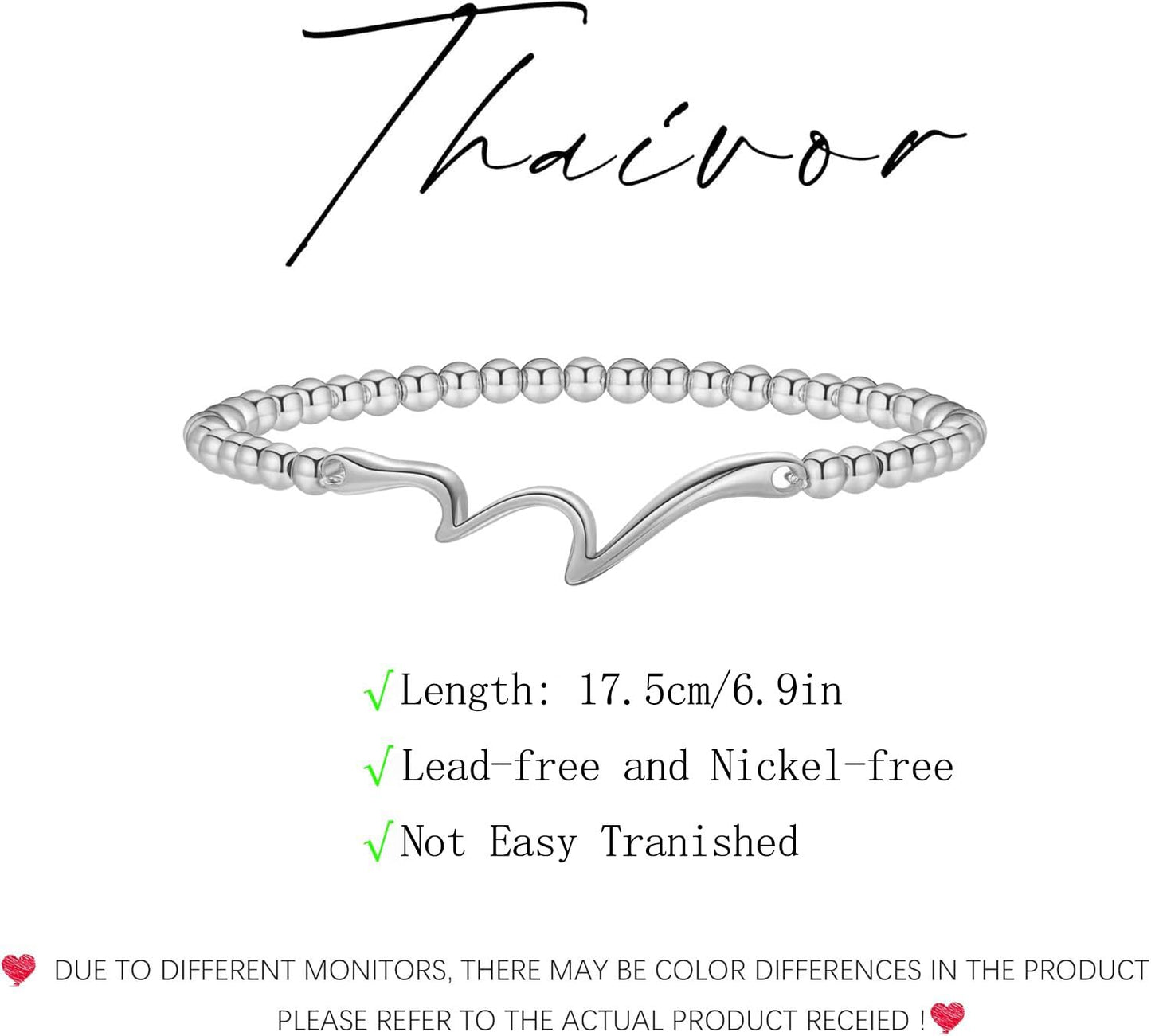 Beaded Bracelets for Women 14K Silver Gold Plated Stretch Handmade Ball Bracelets Cute Charm Bracelet Dainty Stackable Cross Heart Bow Wave CZ Circle Trendy Jewelry Easter Gifts (wave-silver)