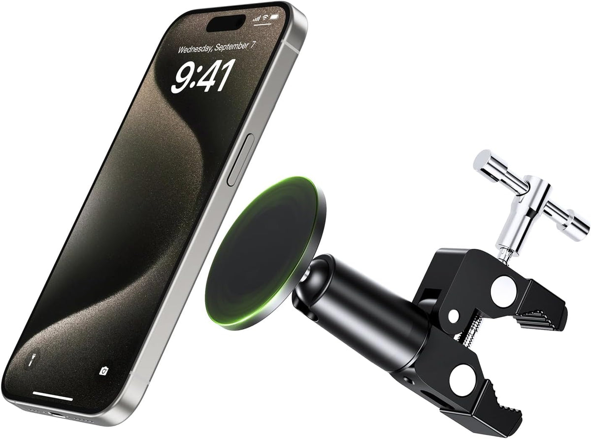elitehood Magnetic Phone Clamp Mount, Adjustable Phone Holder for Mic Stand/Music Stand/Golf Cart/Treadmill/Stroller/Shopping Cart/Stationary Bike, iPhone Clamp Mount for Magsafe iPhone 16 15 14