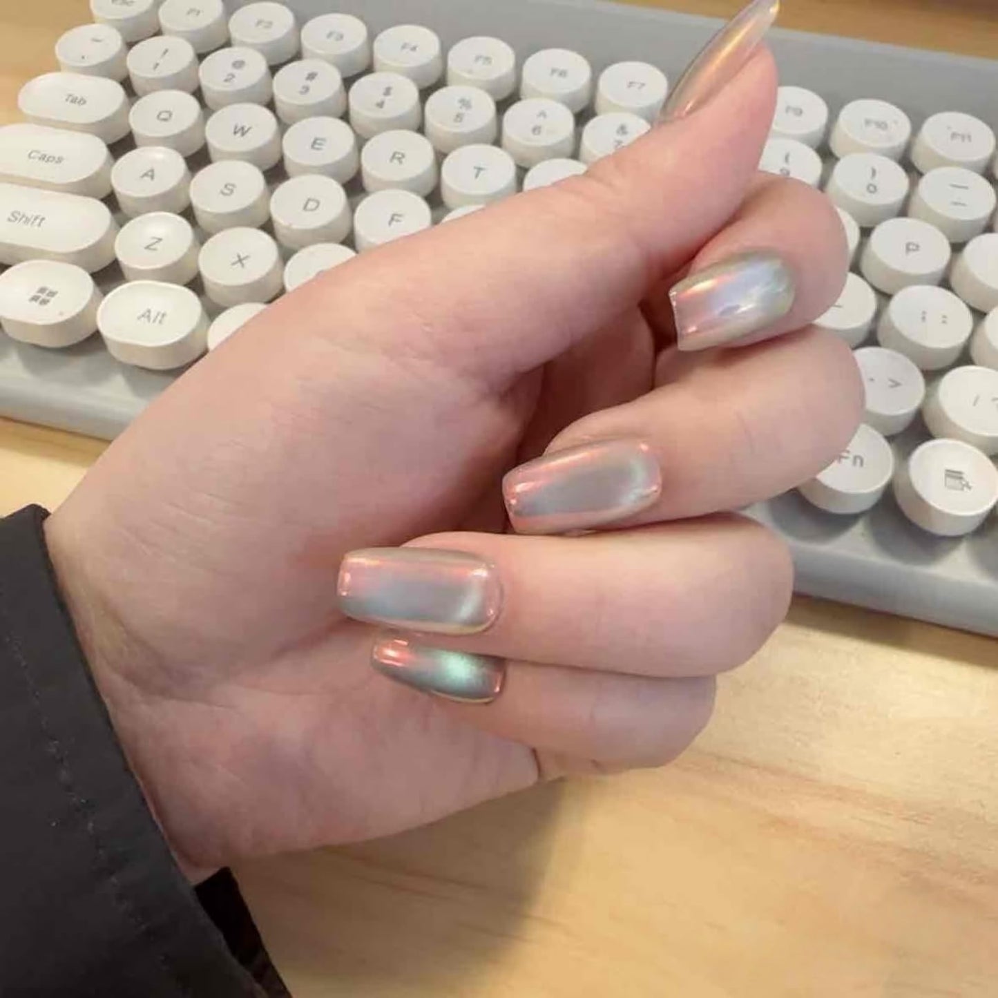 Cat Eye Press on Nails Handmade Short Oval/Square/Round False Nails with French Tip/Aurora/Magnetic Shimmer Designs (Aurora#Sunset River L)