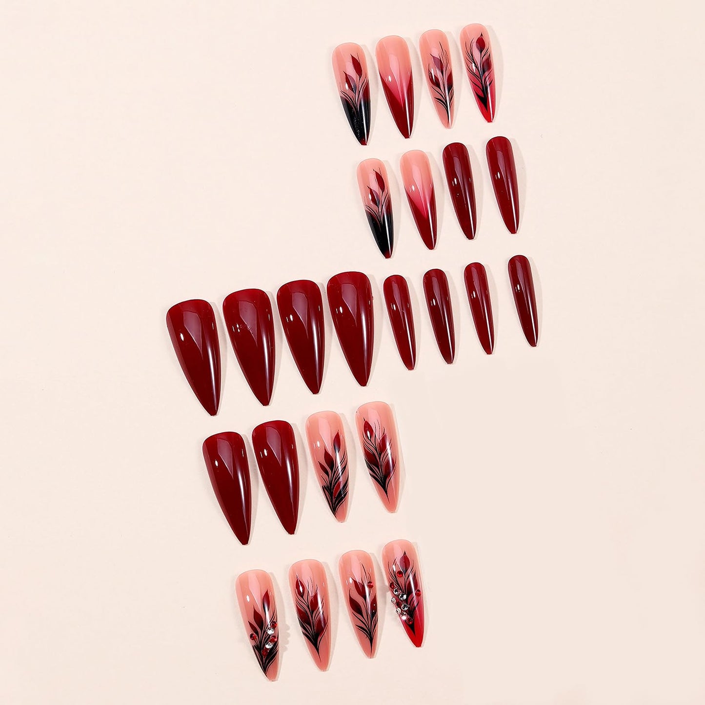 MISUD Press on Nails - Long Stiletto Fake Nails with Burgundy, Acrylic Leaf Rhinestone Design 24 pcs