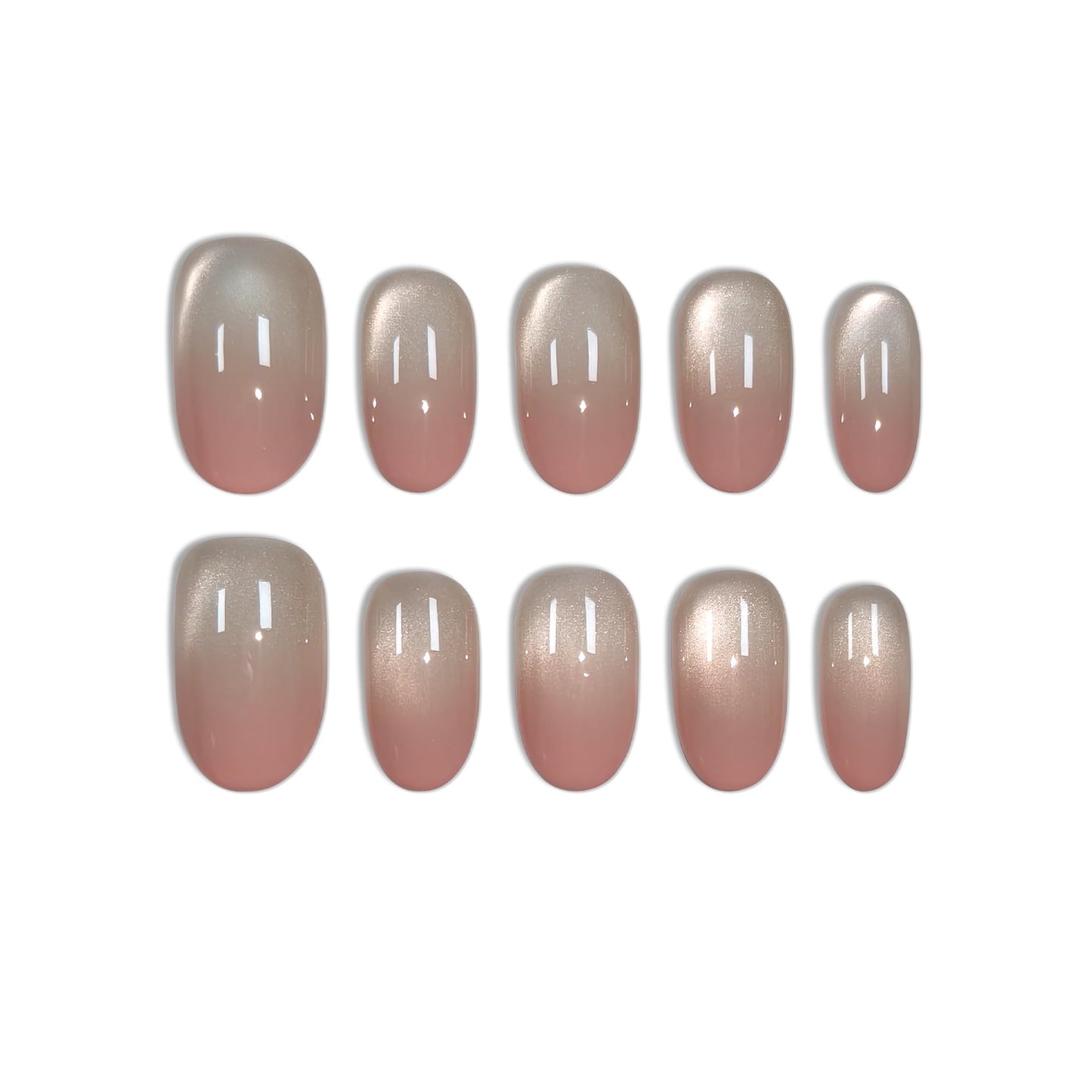 TENPAL Iridescent Cat Eye Press on Nails Medium Oval - Pink Ombre Waterglass Glitter & Handmade, Reusable Sheer False Nails for Everyday(XS)