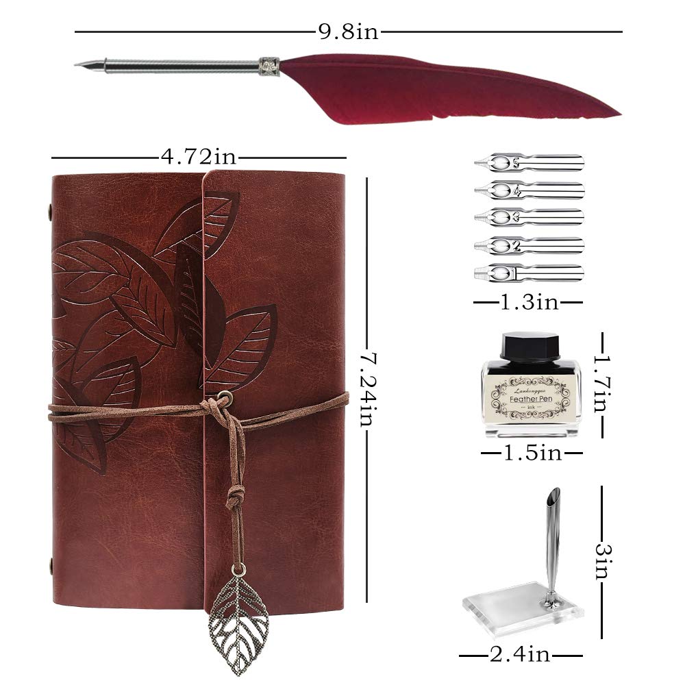 GCCL Feather Quill Pen and Ink Set – Vintage Calligraphy Writing Kit with 5 Nibs, Journal Notebook, Ink Bottle, Pen Holder, Gift Box for Men and Women (Red)