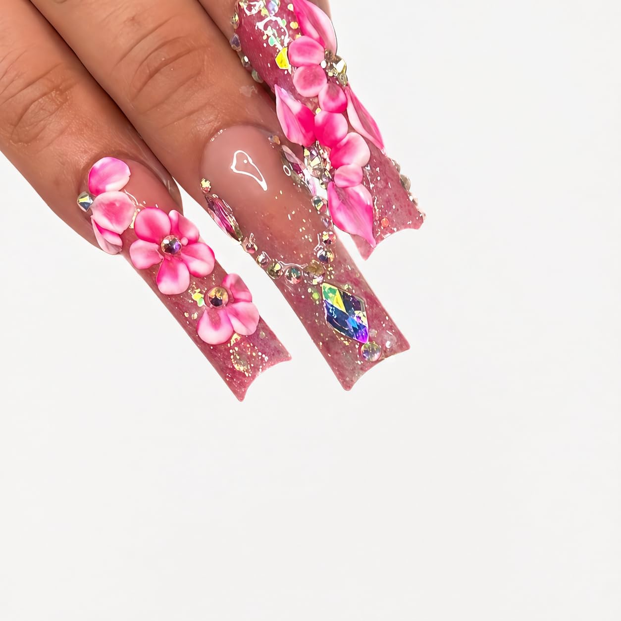 Long Press on Nails Square Fake Nails Pink Acrylic Nail Press Ons Seeneey 3D Flowers and Rhinestones Designs Stick on Nail for Women 24pcs