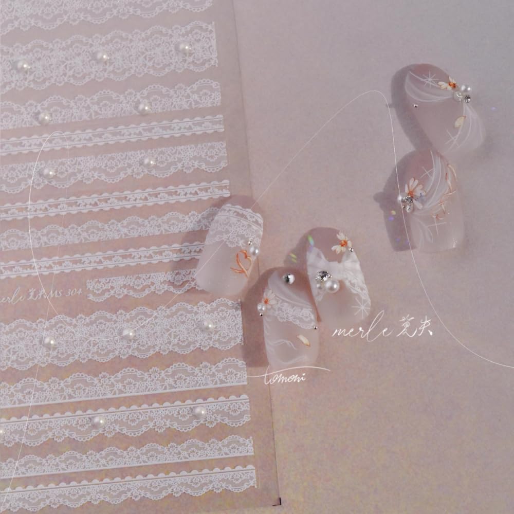 White Lace Nail Stickers 5D Embossed Pearls – Premium Salon-Quality Nail Charm Accessories, Easy Application & Self-Adhesive Rhinestones Pearl for DIY Manicure, Nail Art, Press on, Home or Salon Use