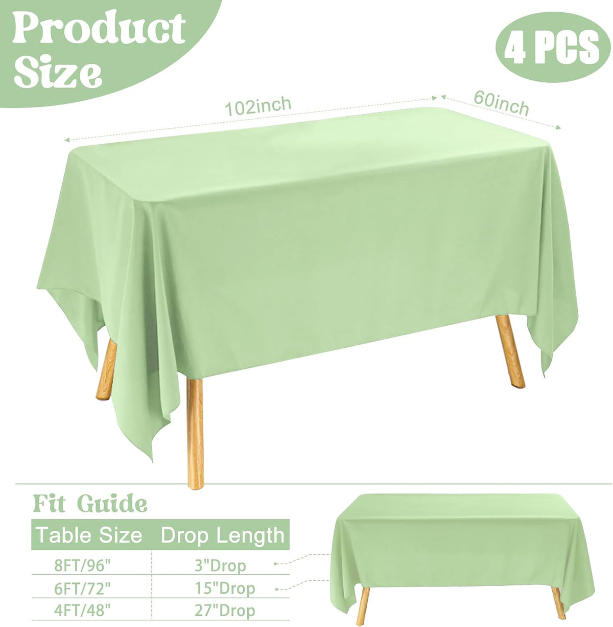 4 Pack Rectangle Tablecloth 60x102 Inch Sage Green Washable Polyester Table Cover for Wedding Dining Table Parties Banquet（60x102 Sage Green）