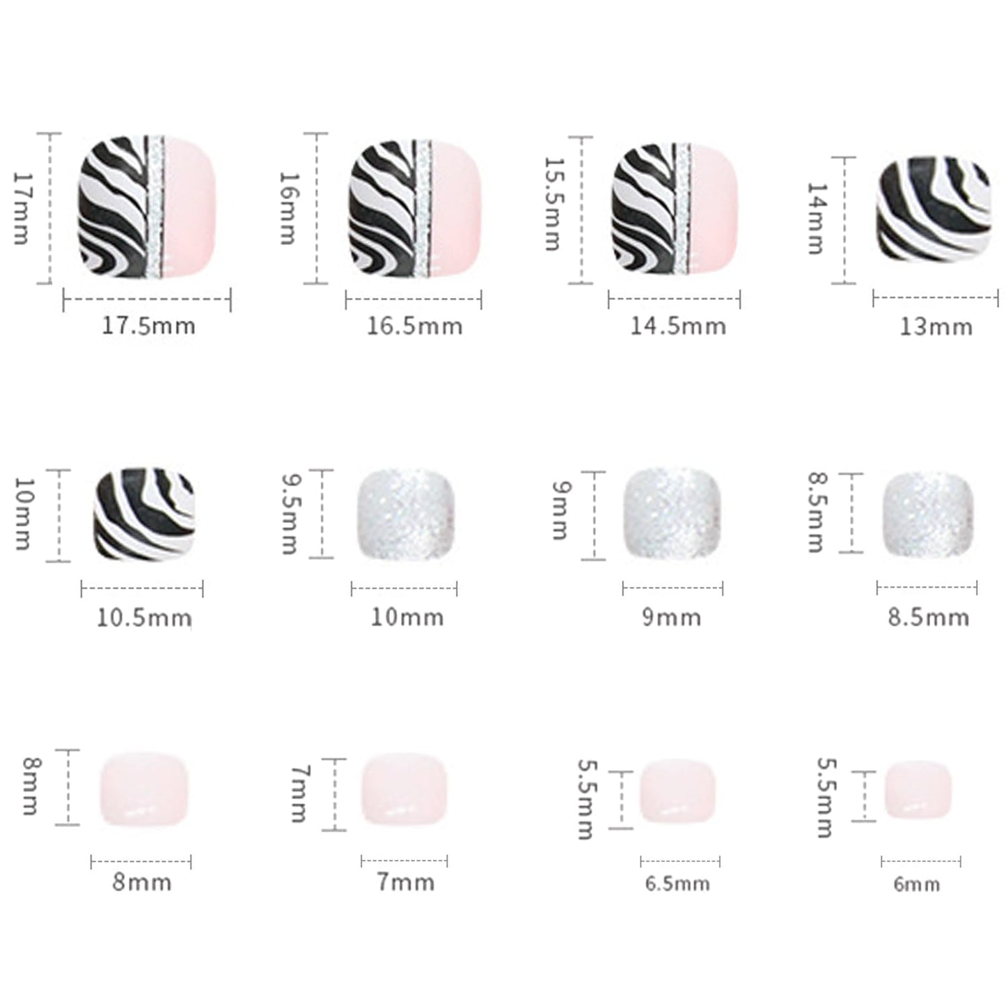 Press on Toenails Coffin with Zebra Stripes Designs, Full Cover Reusable False Toenails with Glue, Artificial Acrylic Fake Nails for Toe, Glue on Toenails with Charm, Stick on Toe Nails for Women