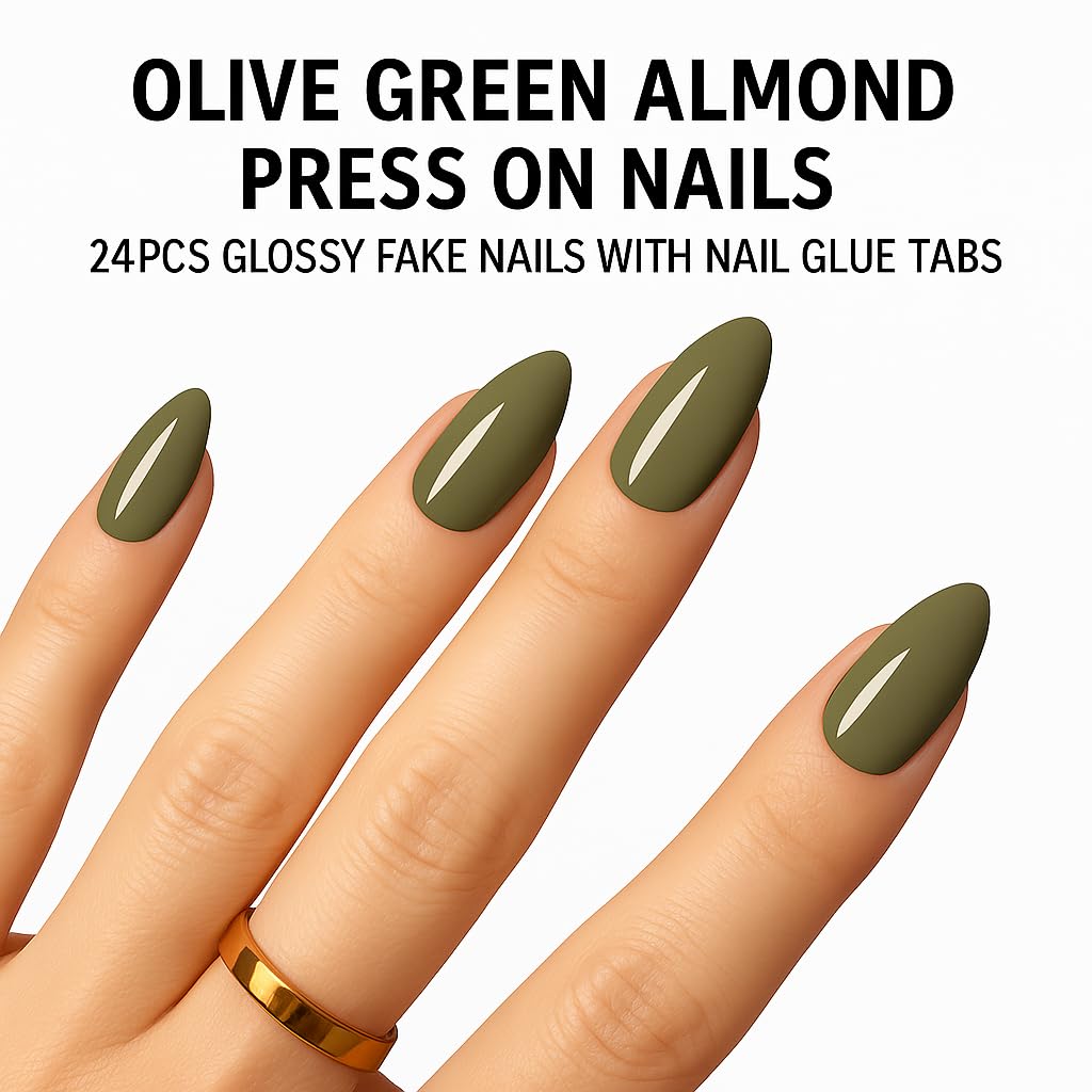 Glossy Olive Green Press On Nails – Almond Shape, Medium Length, 24 PCS Fake Nails with Nail File & Glue Tabs, Reusable ABS Material