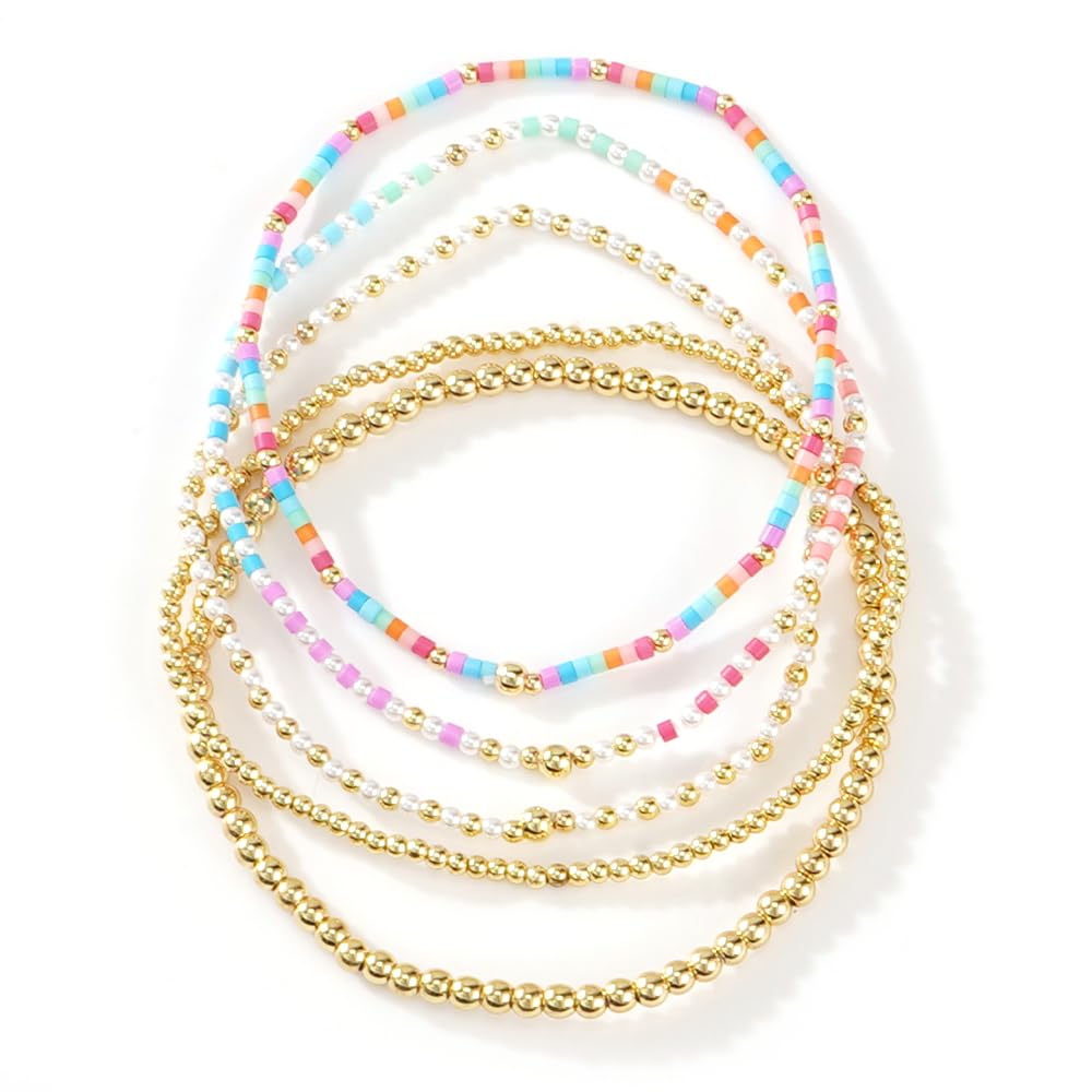 SHINUS BOHO 14K Gold Plated Blue Pink Beaded Bracelets Stack Set for Women,Stretch Stackable Cute Bohemian Colorful Fun Beads Ball Jewelry Friendship Summer Trendy