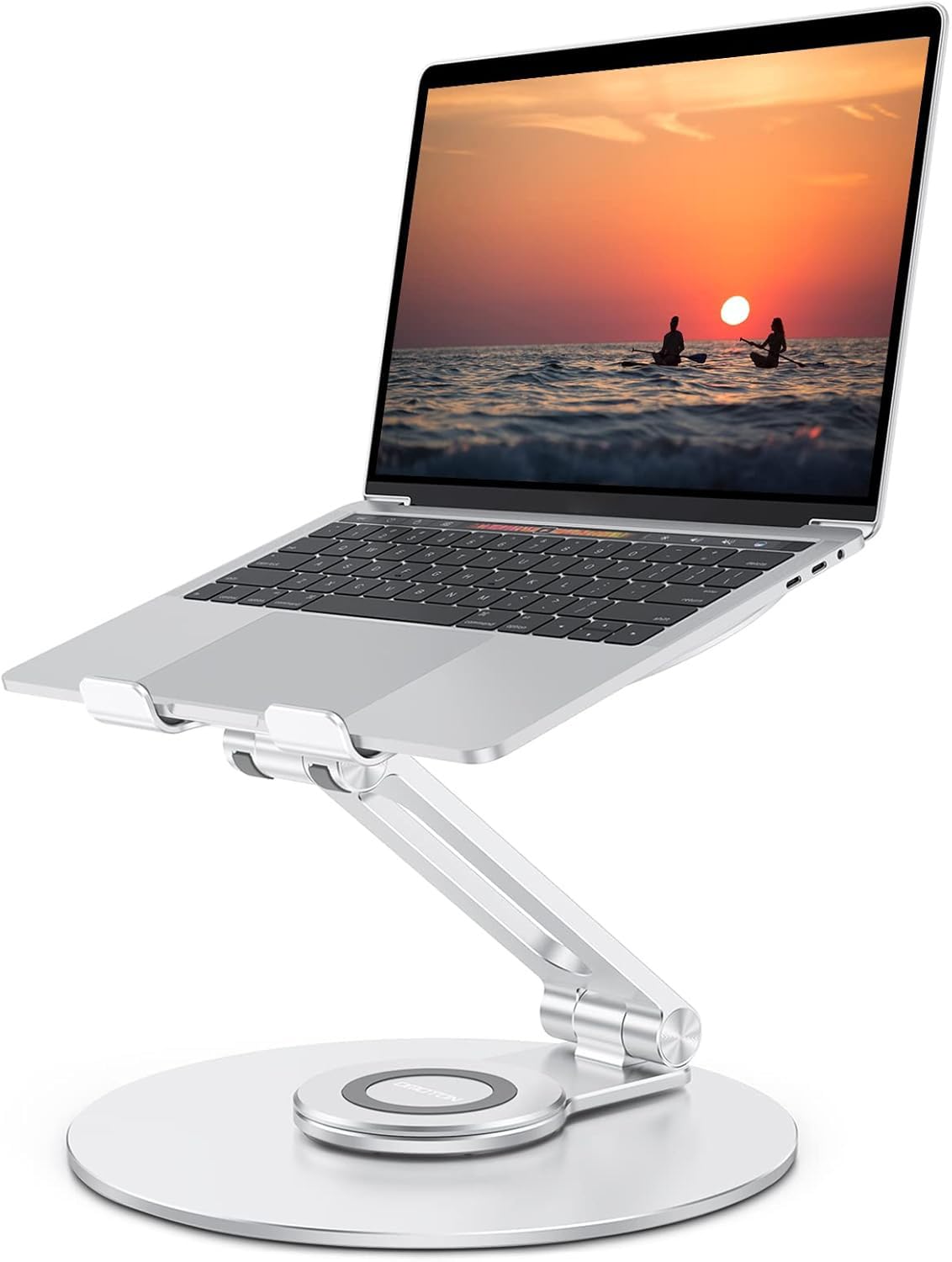 OMOTON Adjustable Laptop Stand with 360 Rotating Base, Ergonomic Laptop Riser for Collaborative Work, Dual Rotary Shaft Fully Foldable for Easy Storage, Fits All Laptops up to 16 inches, Silver