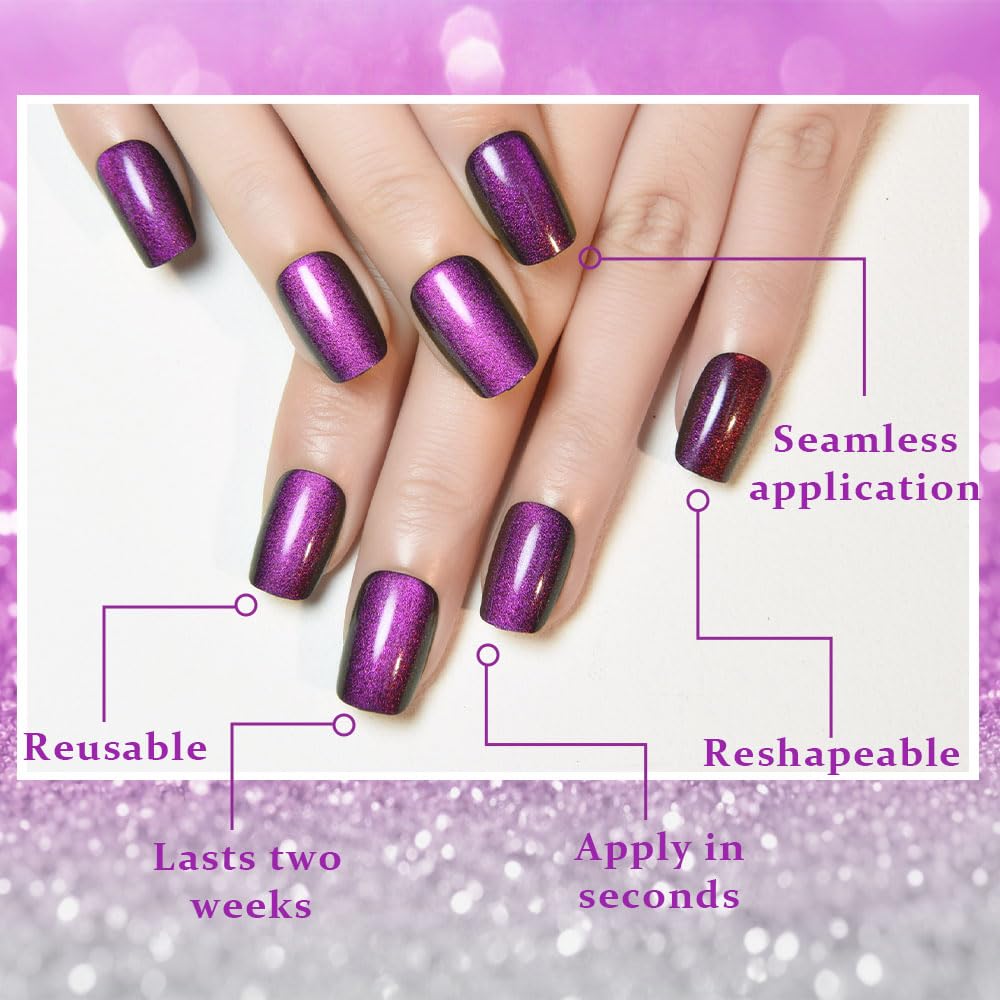 evpct Purple Cat Eye Press on Nails Short Square, Short Square Stick on Fake Nails for Women Gift, Dark Purple Metallic Glitter Glossy Reusable Soft Gel Stick Press on Acrylic False Nail with Designs