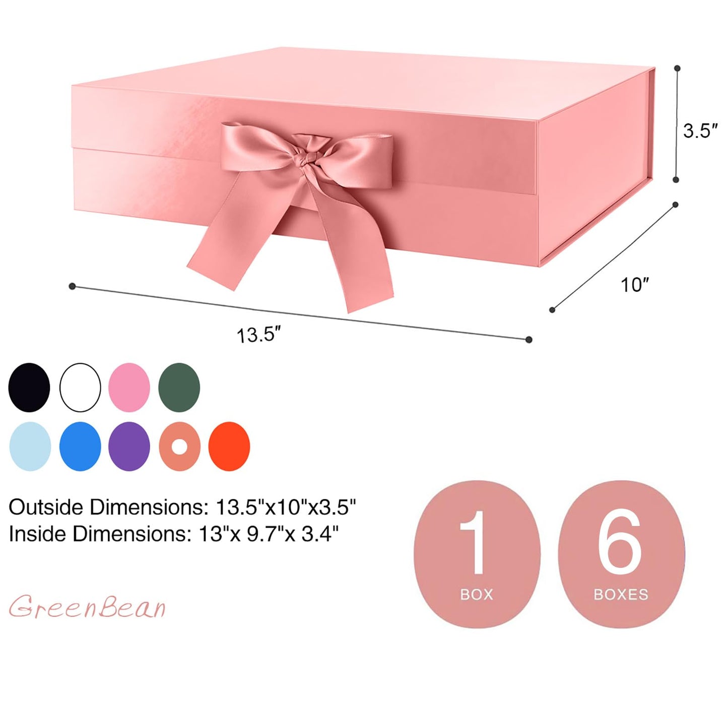 GREEN BEAN Large Gift Box with Lid for Presents 13x9.7x3.4 Inches, Gift Box Rose Gold Magnetic with Ribbon, Bridesmaid Proposal Box Luxury (Glossy Rose Gold)