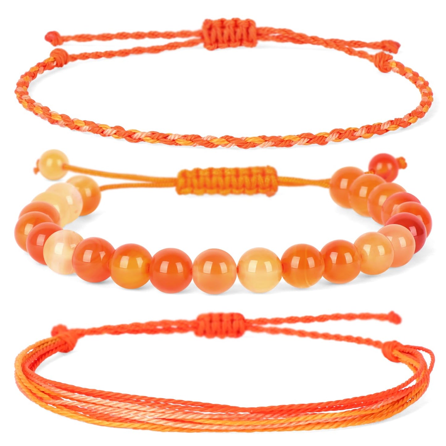 QOGIR Handmade Healing Bracelets,8mm Natural Orange Carnelian Gem Stone Beads Bracelet for Men Women Gifts with 2PCS Size Adjustable Rope Bracelets