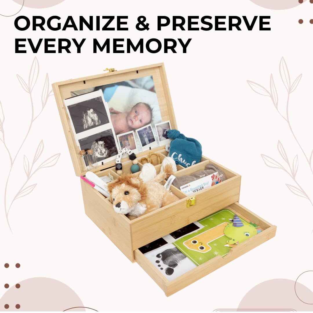 Baby Keepsake Box with 5 Additional Memory Items – Bamboo Memory Box for Baby Girls & Boys – Handprint Kit, Milestone Discs, Photo Corners, Glass Vials, Burlap Bag