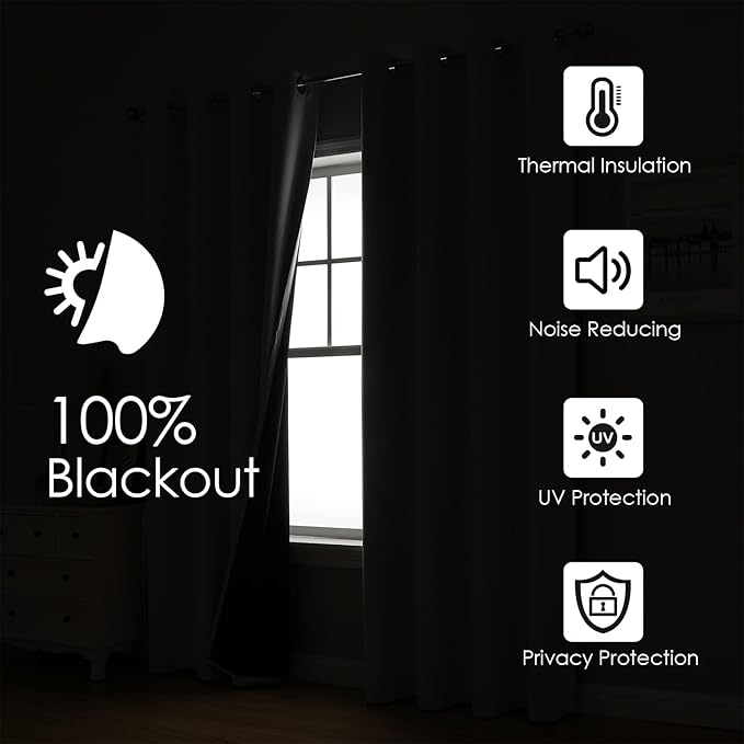ChrisDowa 100% Blackout Curtains 63 inch Long for Bedroom with Black Liner, 2 Thick Layers Total Blackout Thermal Insulated Grommet Window Curtains 2 Panels Set (Light Beige, 38 x 63 Inch)