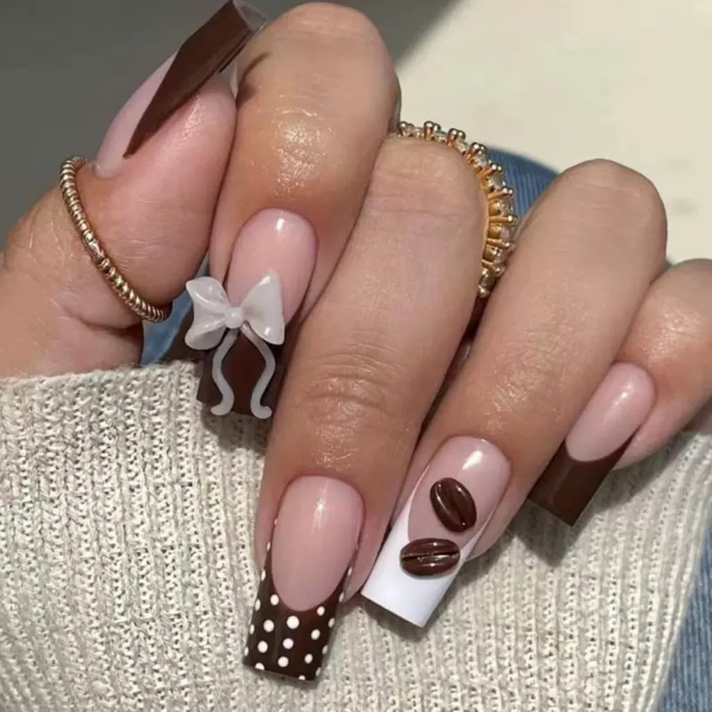French Tip Press on Nails Medium - Square Fake Nails with Bow Design - Polka Dot, Brown False Nails Press ons - for Women 24 Pcs