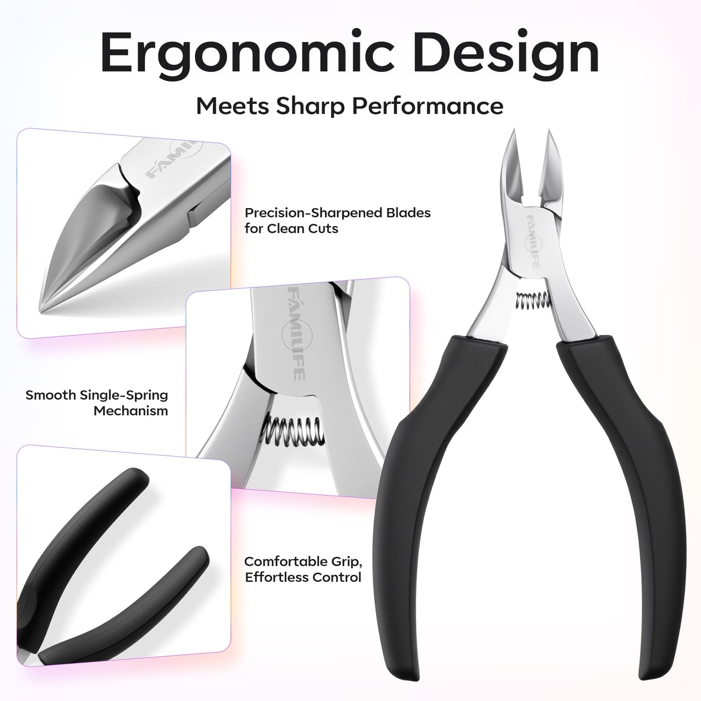 FAMILIFE Toe Nail Clippers for Thick Toenails, Professional Stainless Steel Ingrown Toenail Clippers, Sharp Durable Blades Pedicure Tools with Non-Slip Plastic Handle for Salon & Home Use