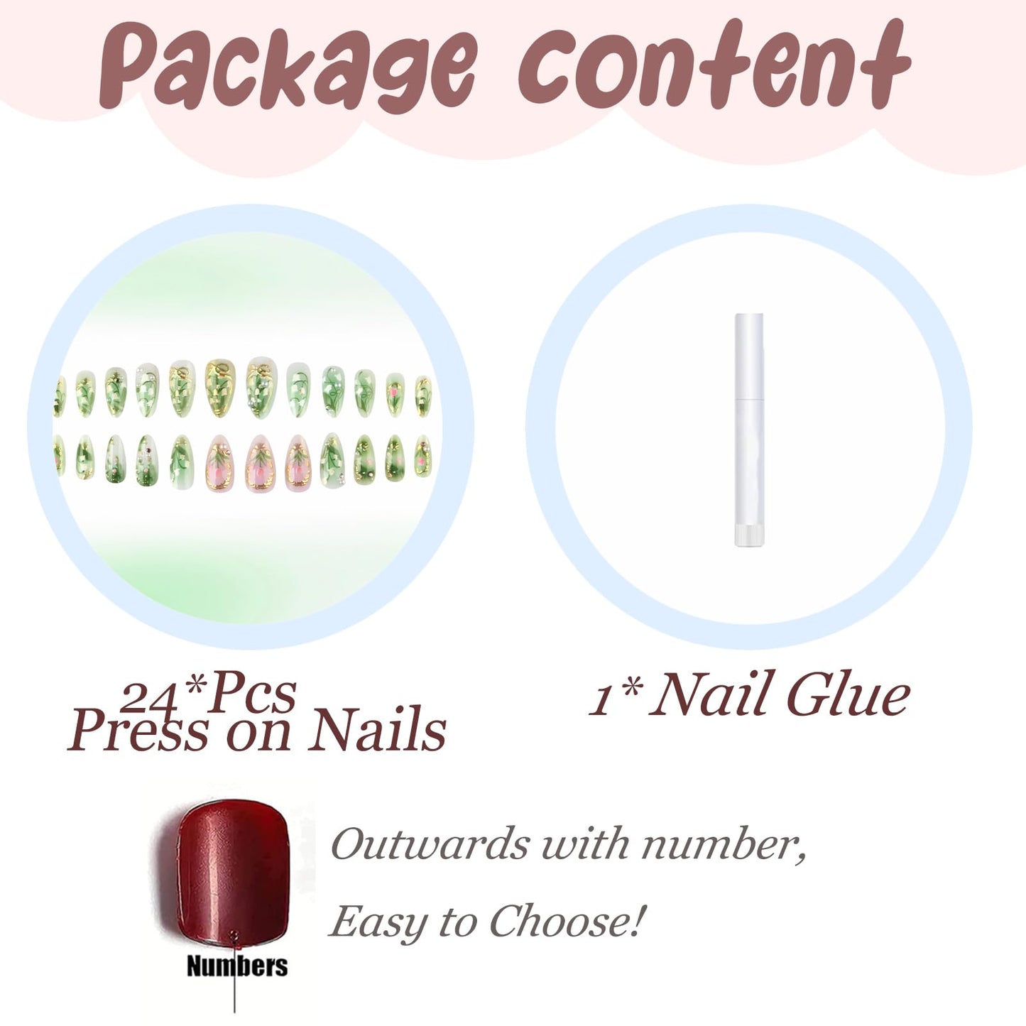 BABALAL Green Press on Nails, Medium Almond Fake Nails, Spring Gold Bling Design Flower Design, 24Pcs Glossy Full Cover Acrylic False Nails for Women Girls