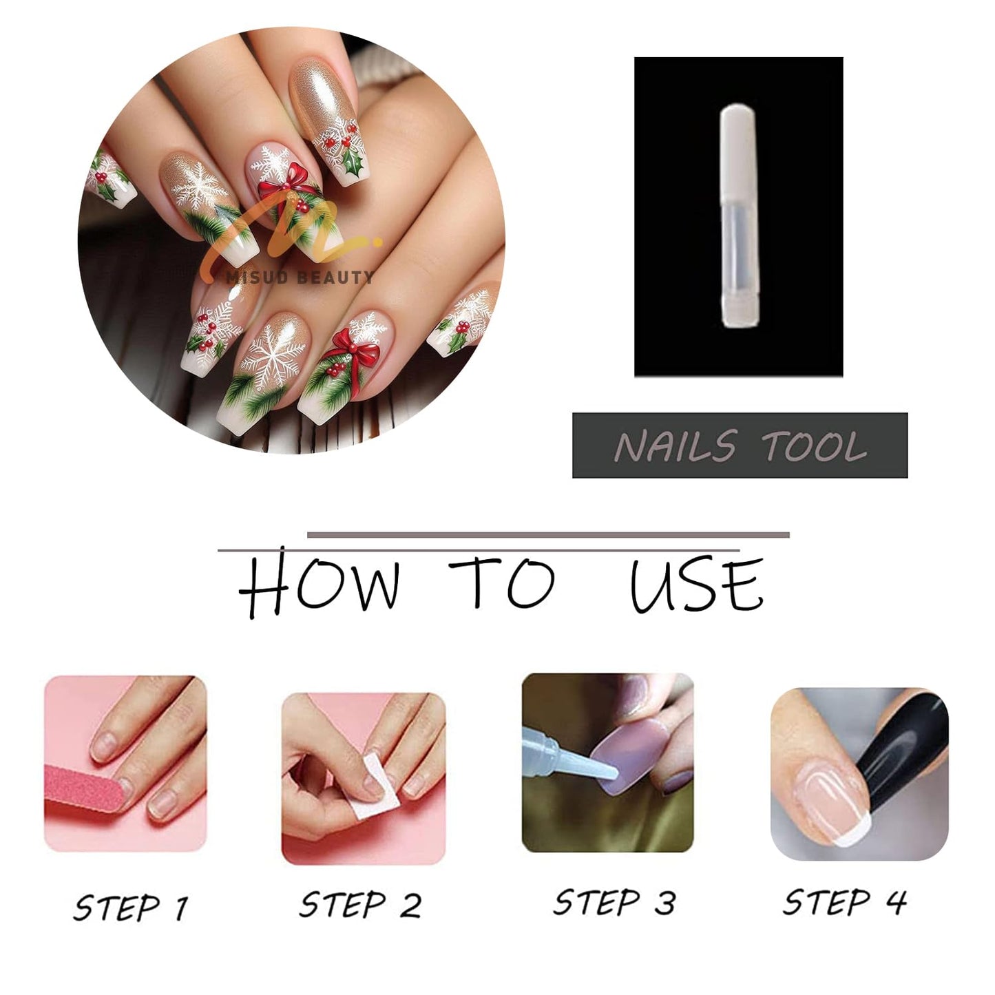 MISUD Press on Nails - Long Coffin Fake Nails with Bling Gold Glitter, Acrylic Xmas Snowflake Design 24 pcs