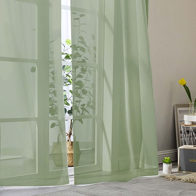 Sage Green Sheer Curtains for Bedroom Living Room 45 Inch Length 2 Panels, Soft Light Filtering Small Kitchen Window Curtains, Rod Pocket Short Curtain Drapes, Sage Green, 42" Wx45 L Inches