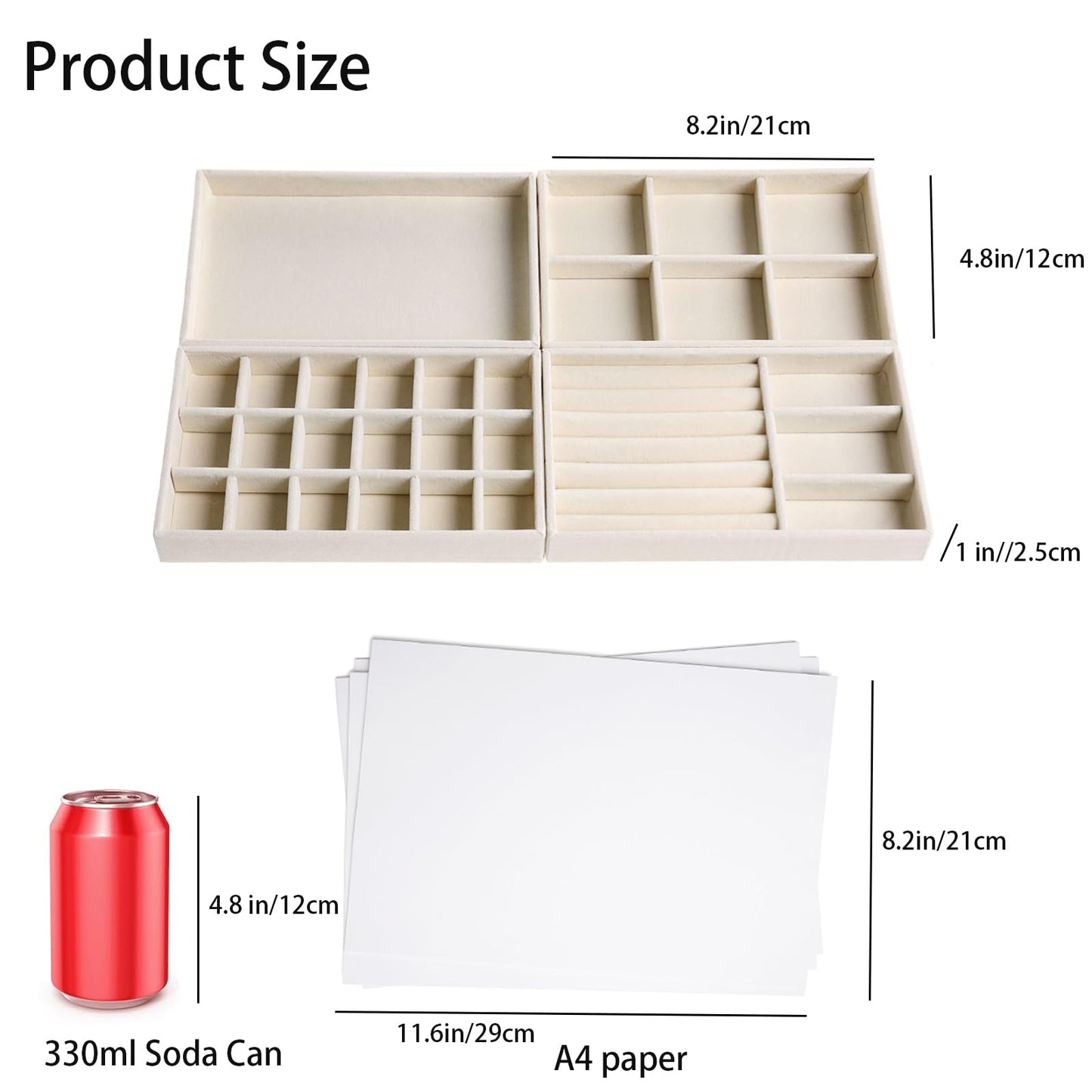 AIRZSNRY Velvet Jewelry Organizer for Drawer, Stackable Jewelry Drawer Inserts in Dresser, 8in Beige Storage Display Case for Rings Stud Necklaces Accessories, Set of 12