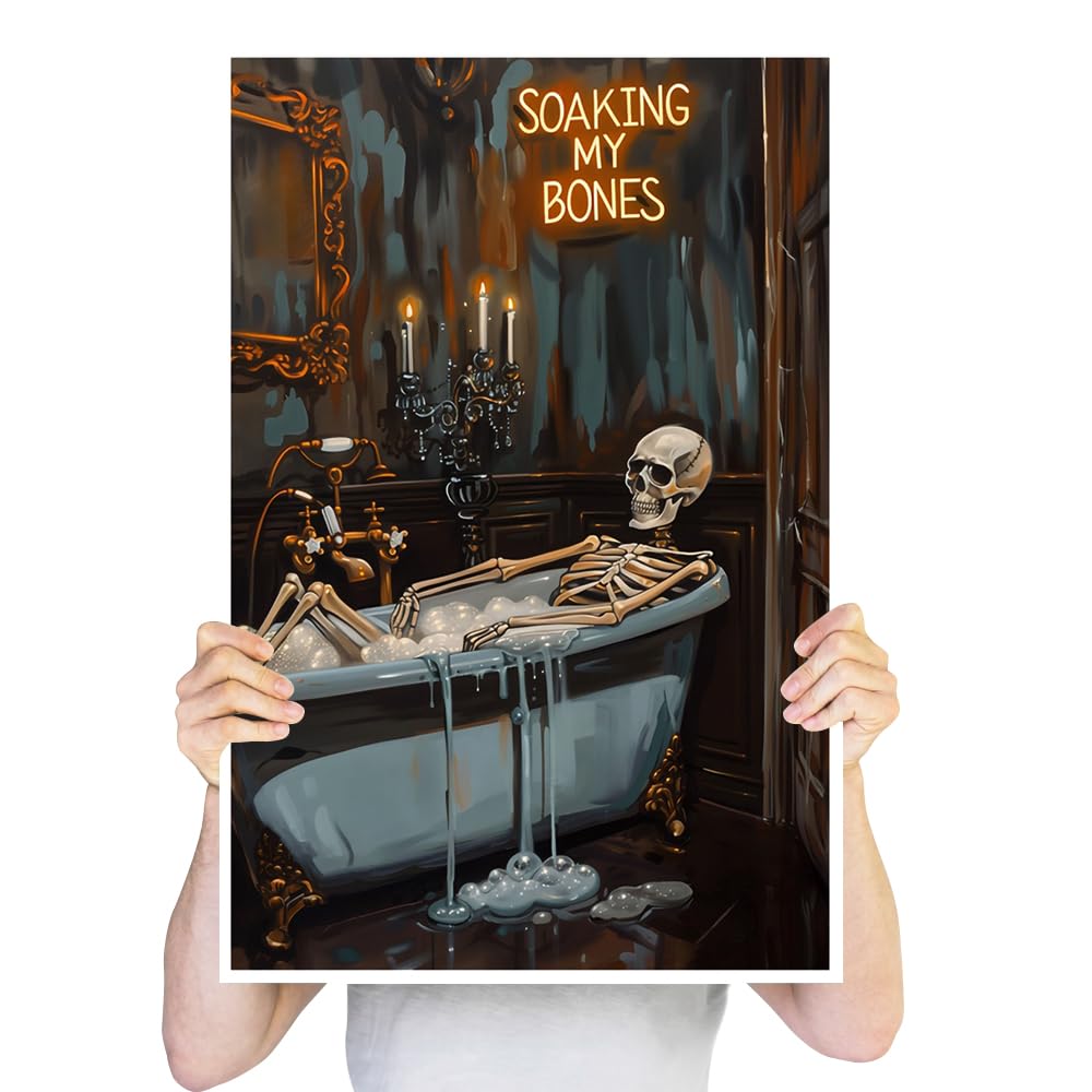 Soaking My Bones Wall Art Horror Halloween Decor Skeleton Bathtub Poster Moody Print Dark Academia Canvas Spooky Gothic Artwork Victorian Painting Bathroom Living 16x24inch Unframed