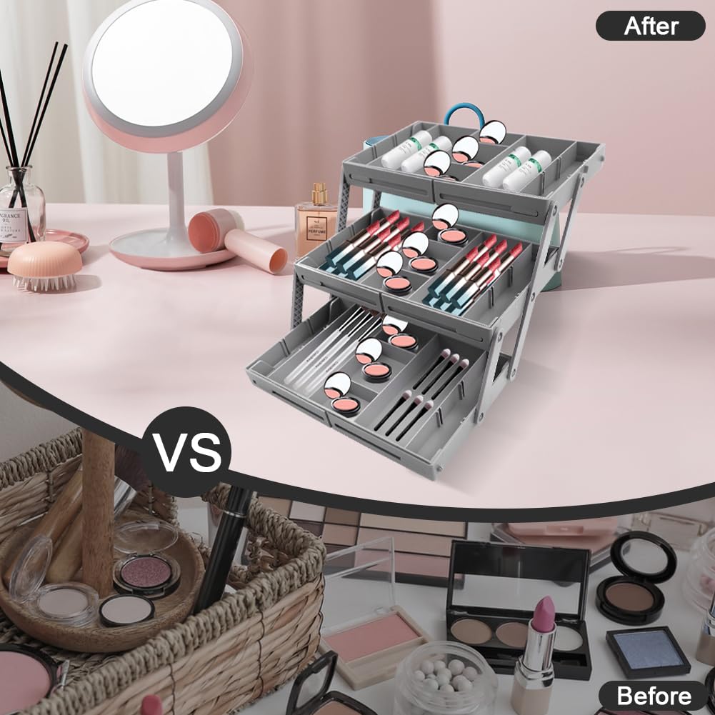 Abnaok 3 Tier Drawer Organizer Multi Level Collapsible Expandable Desk Organizer Trays for Office Supplies, Kitchen Gadgets Utensils, Vanity, Makeup, Jewelry