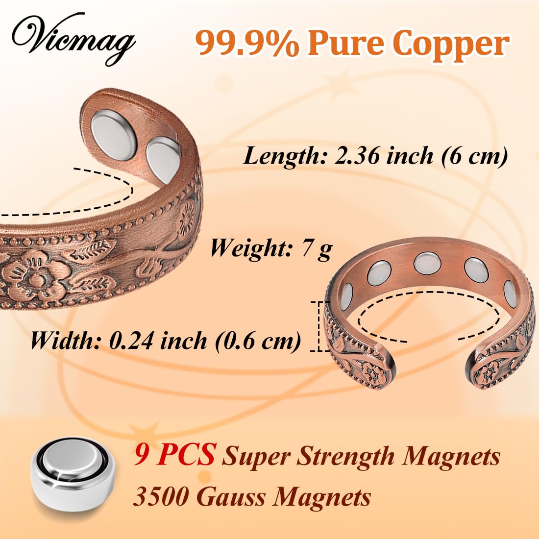 Vicmag 2PCS Magnetic Copper Rings for Women & Men,99.99% Pure Copper Ring with 9X Magnets Gift Adjustable(9X Plum)