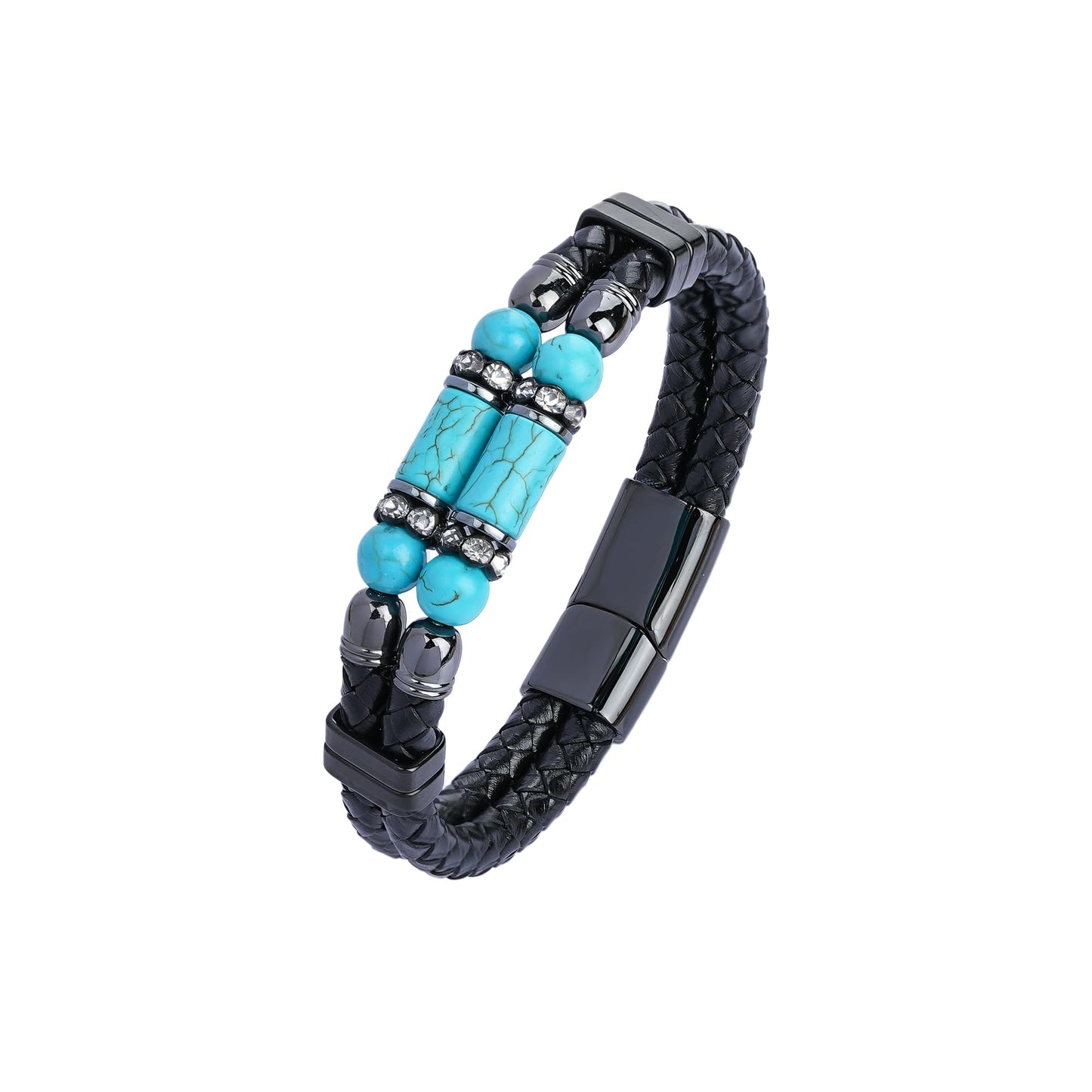 Mrcaois Mens Leather Turquoise Stone Bracelet–8.5" Braided Multi‑Layer Stainless Steel Clasp Leather Bracelets Jewelry Box and Pouch Packing