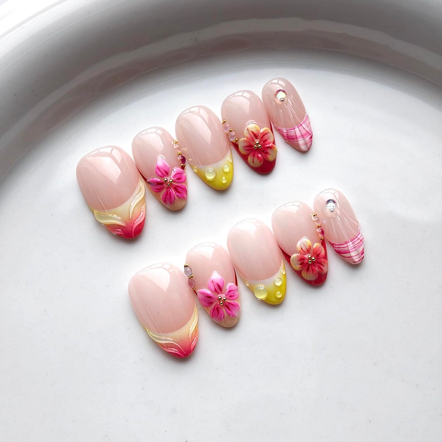 French Tip Press on Nails Handmade Short Almond 3D Thick Acrylic Nails False Nails with Gold Ball Flower Gradient Designs Nude Pink Glossy Fake Nail Sturdy Art Press on Nail 10Pcs(S)
