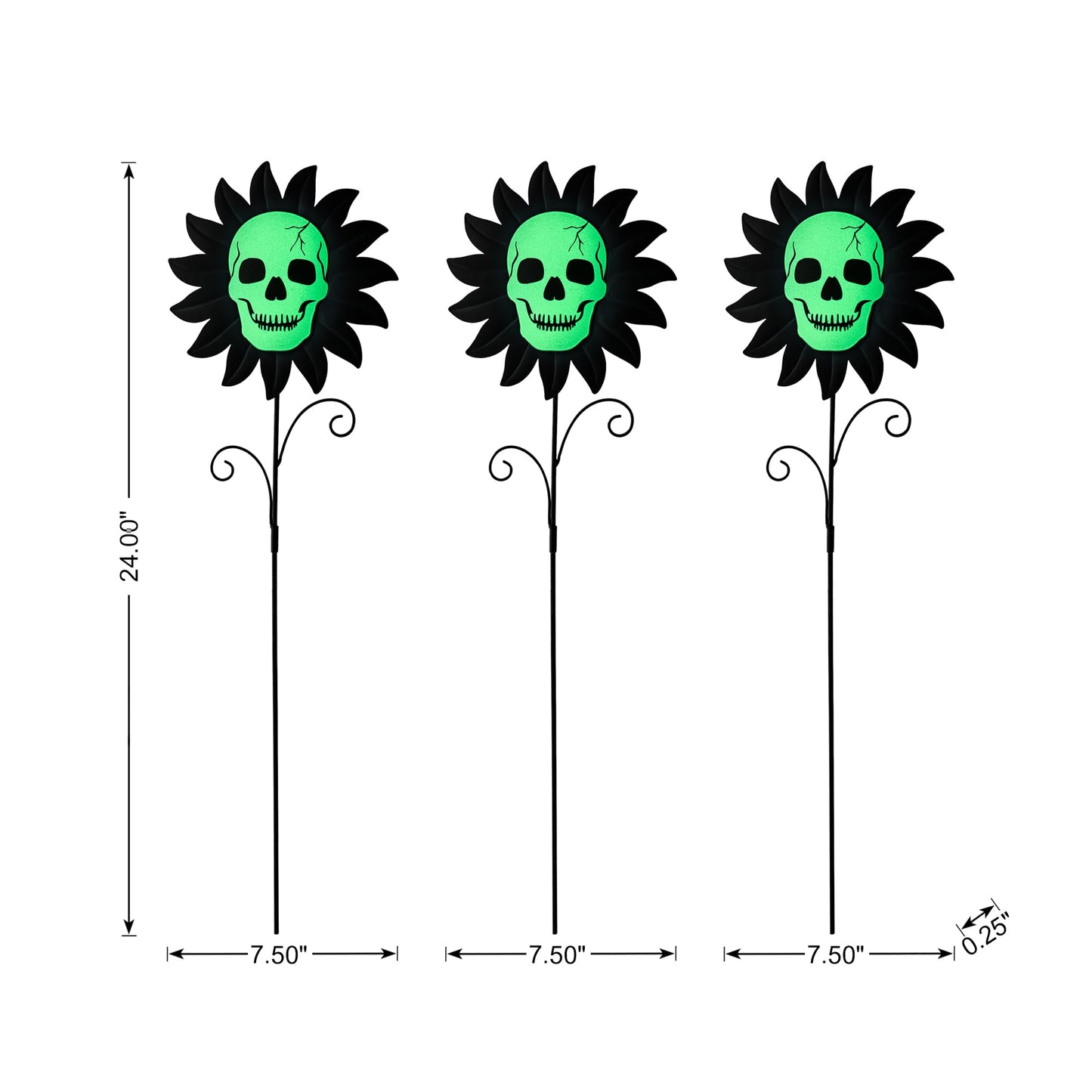 Glitzhome Set of 3 Glow in Dark Halloween Sunflower Skulls Metal Yard Stake, 24" Metal Yard Sign or Wall Decor for Outdoor
