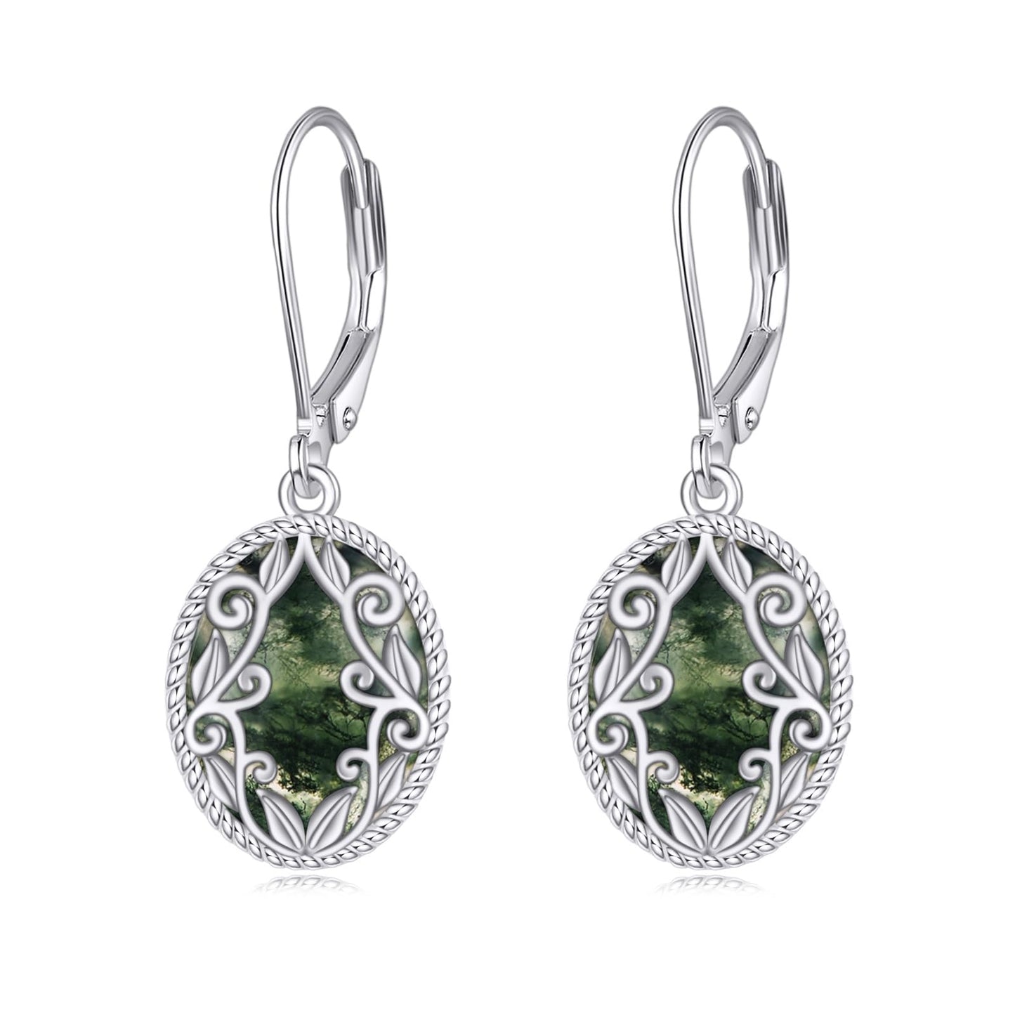 Moss Agate Drop Earrings Sterling Silver Agate Oval Leverback Earrings Natural Stone Dangle Earrings Jewelry Christmas Gifts For Women