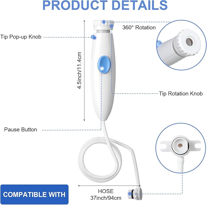 BBTO Oral Hygiene Accessories Standard Water Hose Plastic Handle with Water Flosser Replacement Jet Tip, Compatible with Waterpik Oral Irrigator WP-100 WP-300 WP-660 WP-900 (4 Pieces)