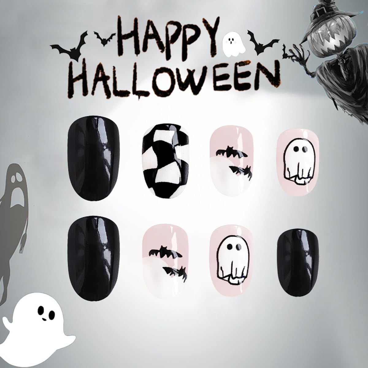 Halloween Press on Nails Short Oval Fake Nails Black White False Nails Press ons with Ghost,Bat Design Reusable Artificial Nail Full Cover Glossy Glue on Nail Stick on Nails for Women Manicure 24 Pcs