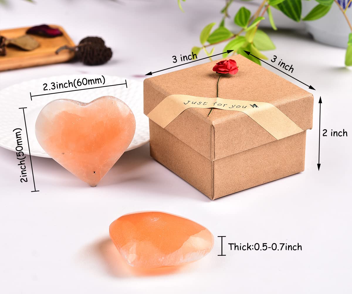 JIC Gem 2 Inch(60mm) Orange Selenite Crystal Stone Heart Palm Worry Stone Healing Crystals Gemstone with Free Display Holder and Gift Box Home Decoration