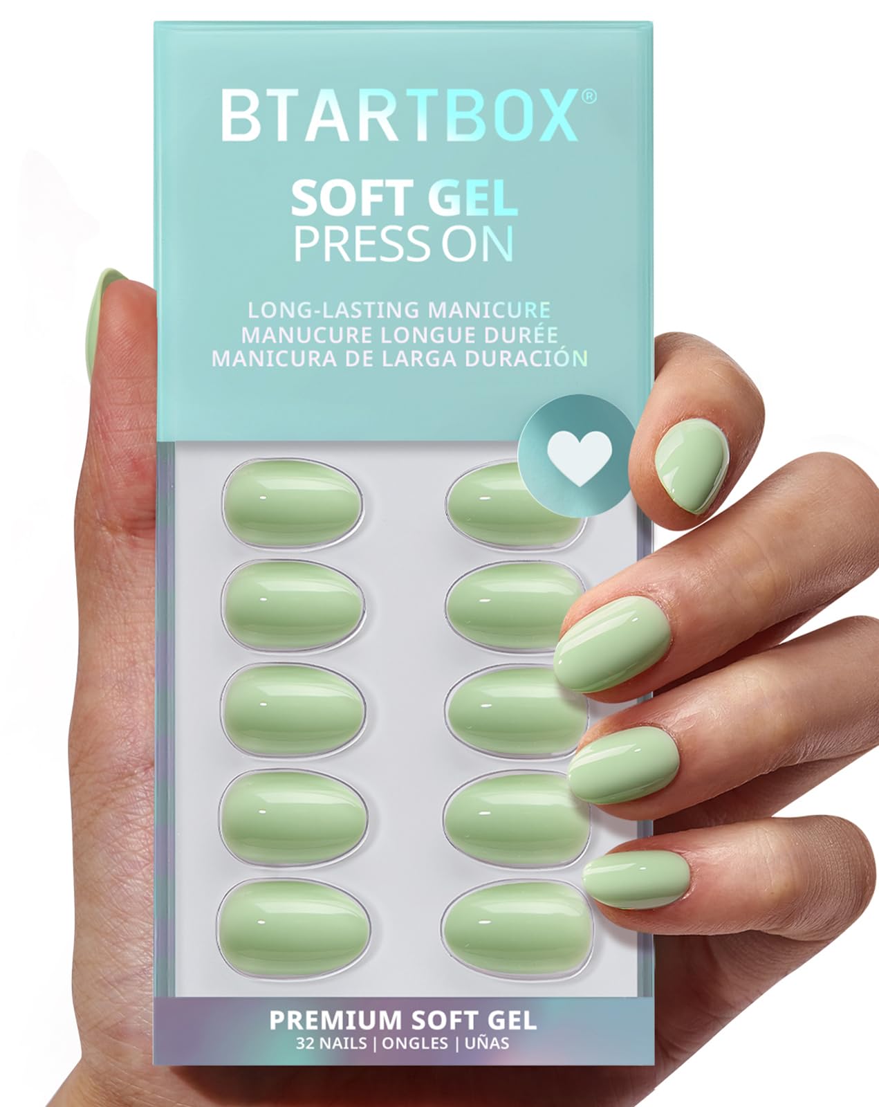 BTArtbox Press On Nails Almond - Garden Weekend, Easy-to-Apply Pastel Green Extra Short Press On Nails with Glue and Adhesive Tabs in 16 Sizes - 32 Nails All-in-One Kit