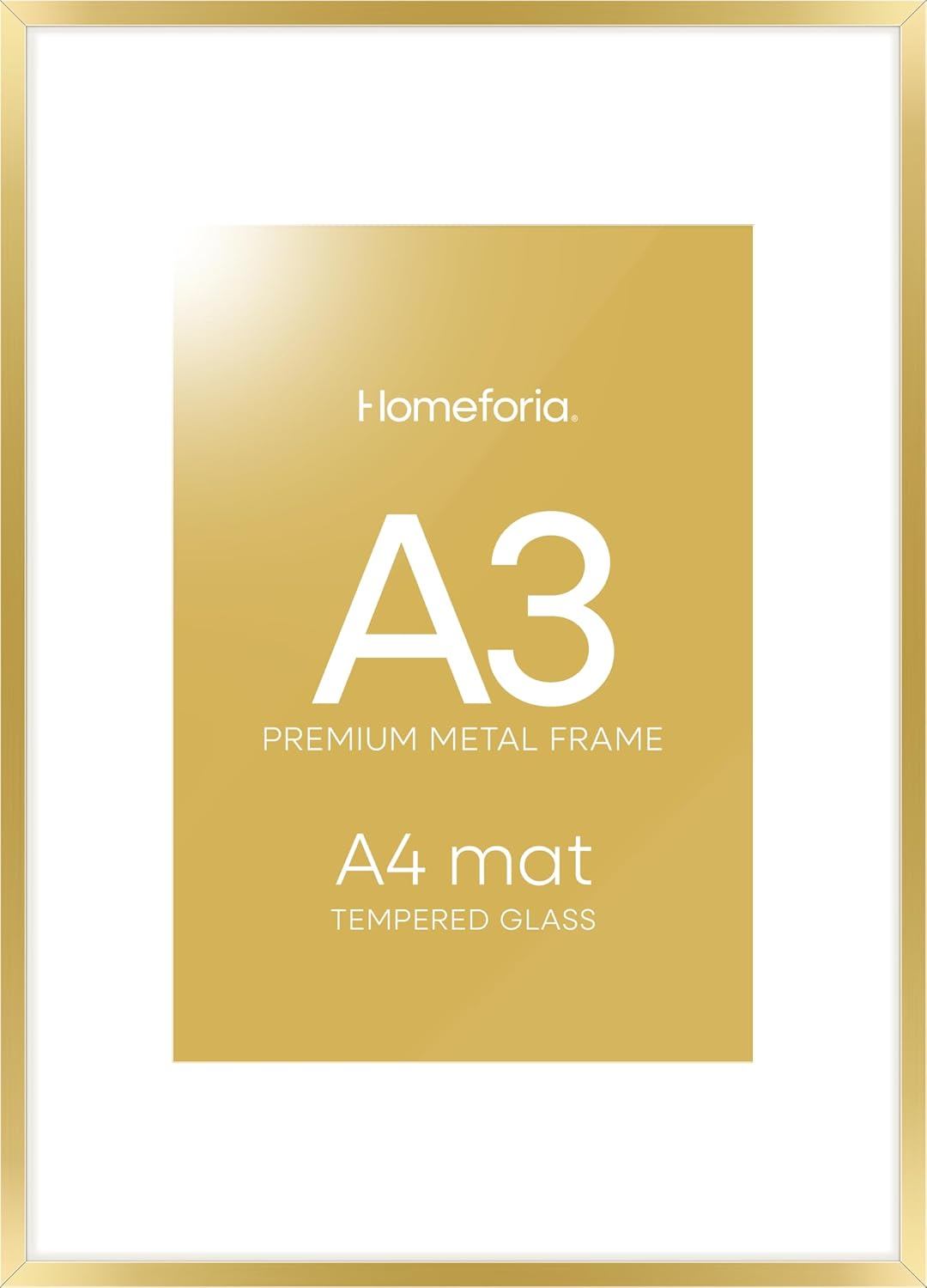 Homeforia A3 Picture Frame Gold, High End Metal 11.7 x 16.5 inch Poster Frames with Mat 8.3 by 11.7 for Photo, A3 Size Frames Matted to A4 Print, 11.7x16.5 Wall Hanging Frame, Tempered Glass, Set of 1