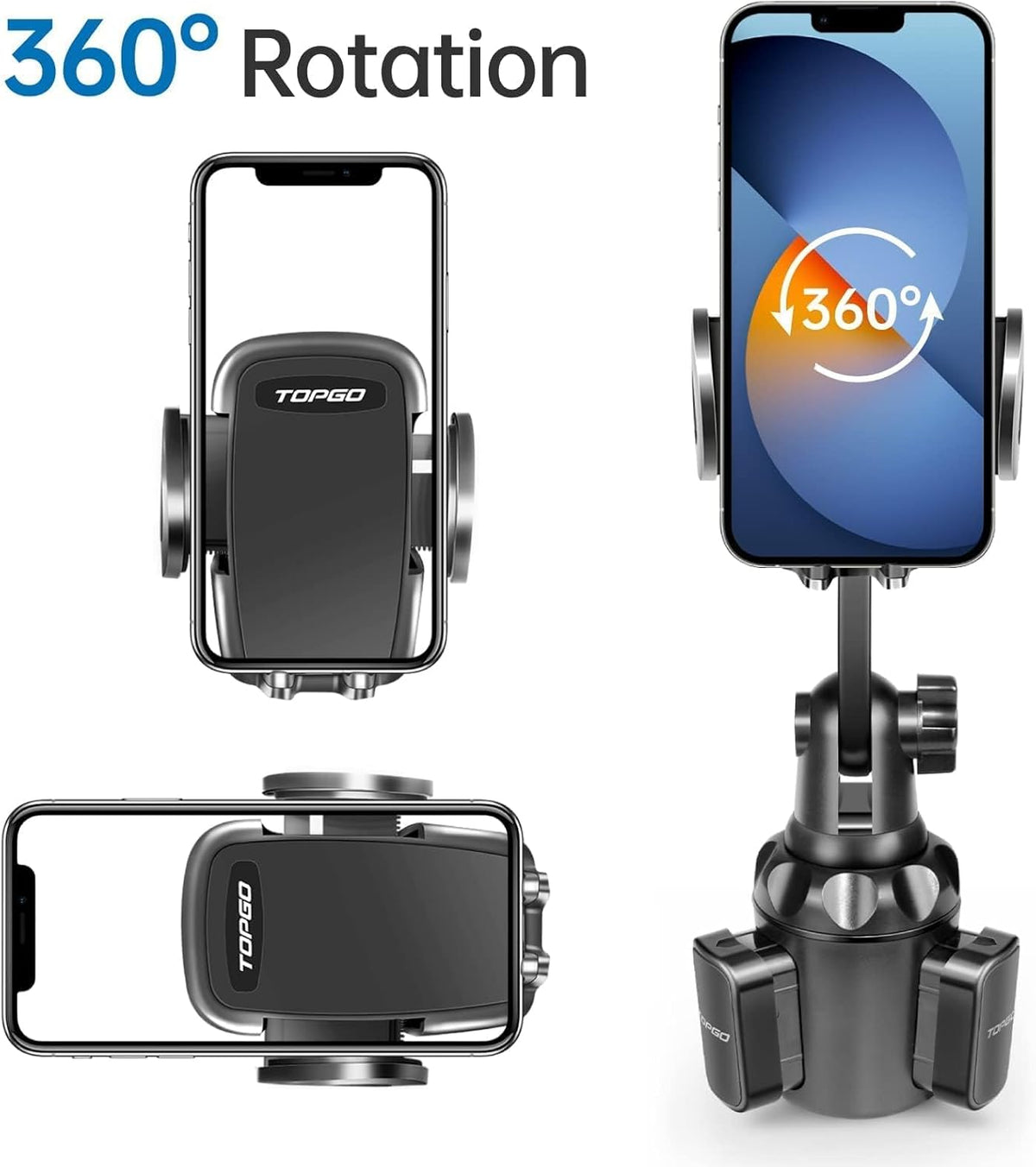 TOPGO Cup Phone Holder for Car, [No Shaking & Stable & Adjustable Pole] Car Cup Phone Mount, Compatible with iPhone 16 and All 4.0-7.0 inches Smartphones - Black