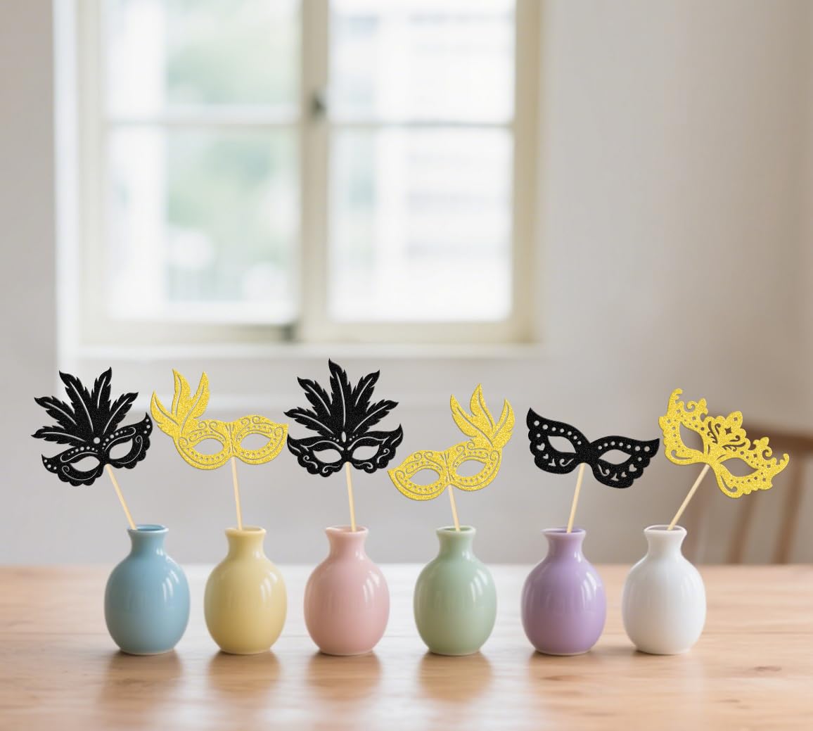 12 Pcs Masquerade Mask Centerpiece Sticks - Masquerade Mask Party Decorations - Venetian Mask Party Decorations