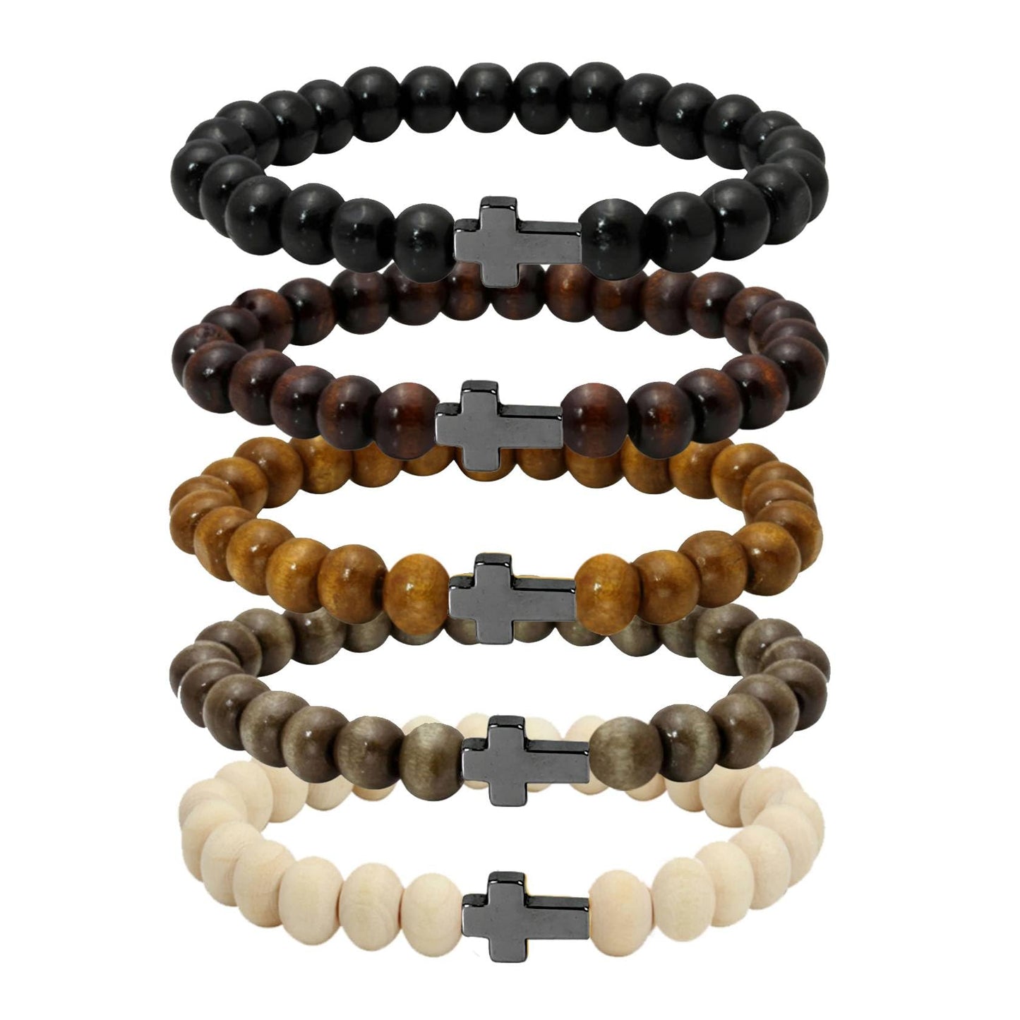 MILAKOO 5Pcs Black Hematite Cross Charms Wooden Bracelets for Unisex Prayer Meditaion Mala Beads