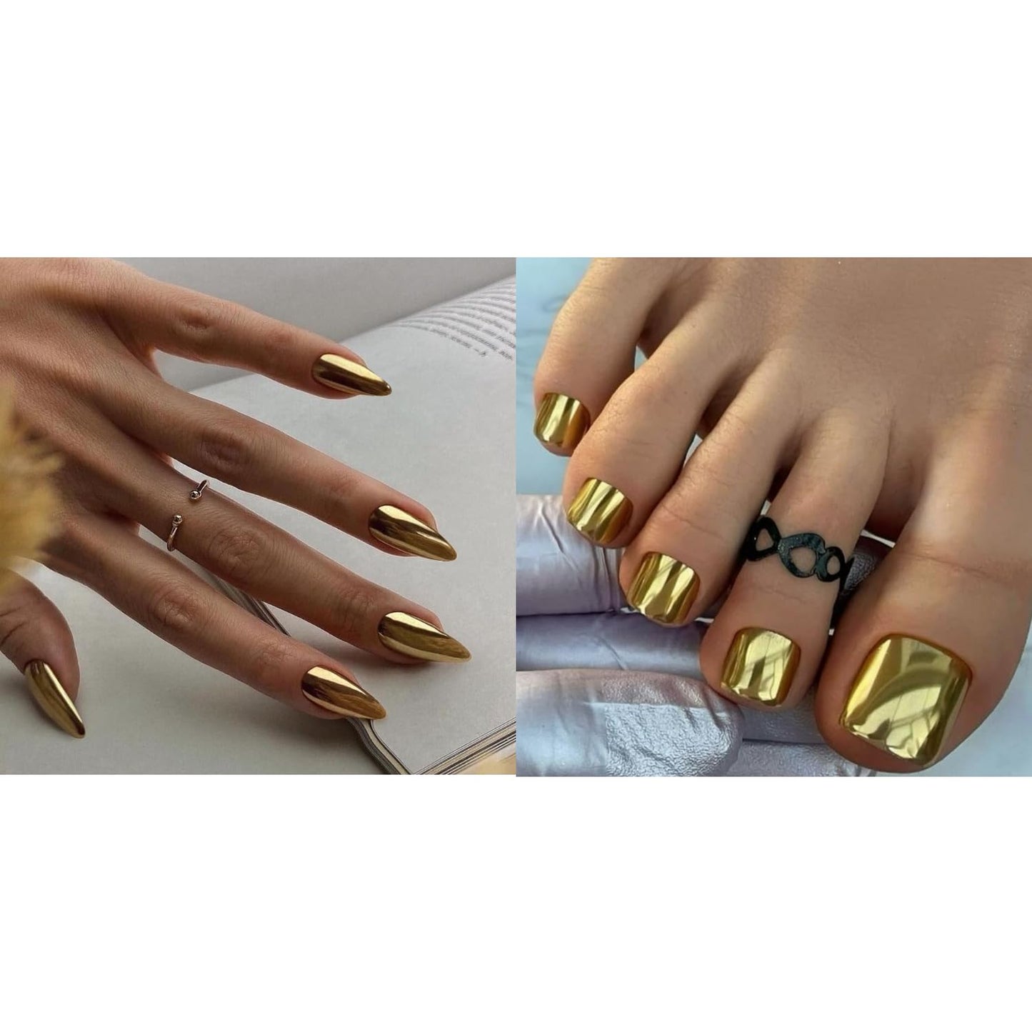 KQueenest Gold Chrome Press on Nails Medium Almond&Chrome Goid Press on Toes Short Square For Beach Party Daily Decoration in 48 PCS