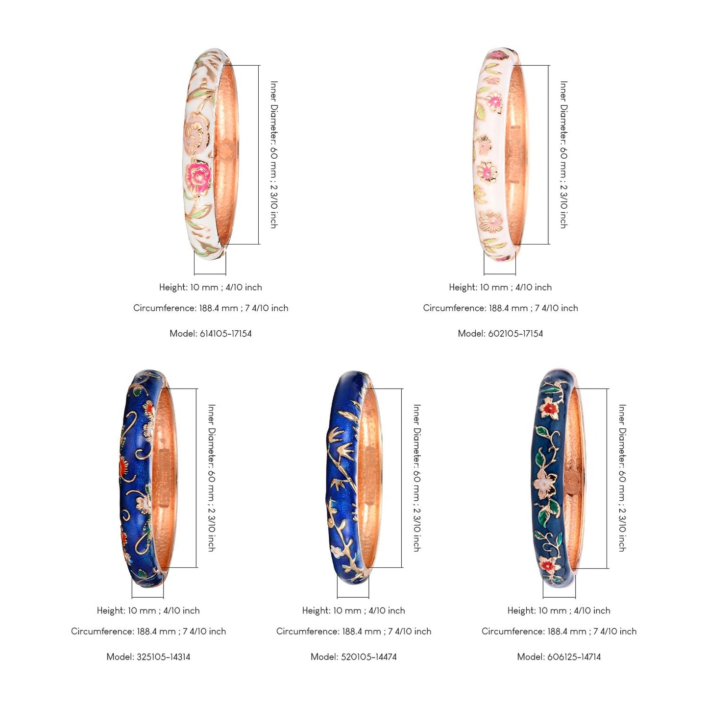 UJOY Bangles 5 Pcs Enamel Jewelry Set Rose Flower Engraved Cloisonne Bracelets Pack in a Box 5PCS Blue White