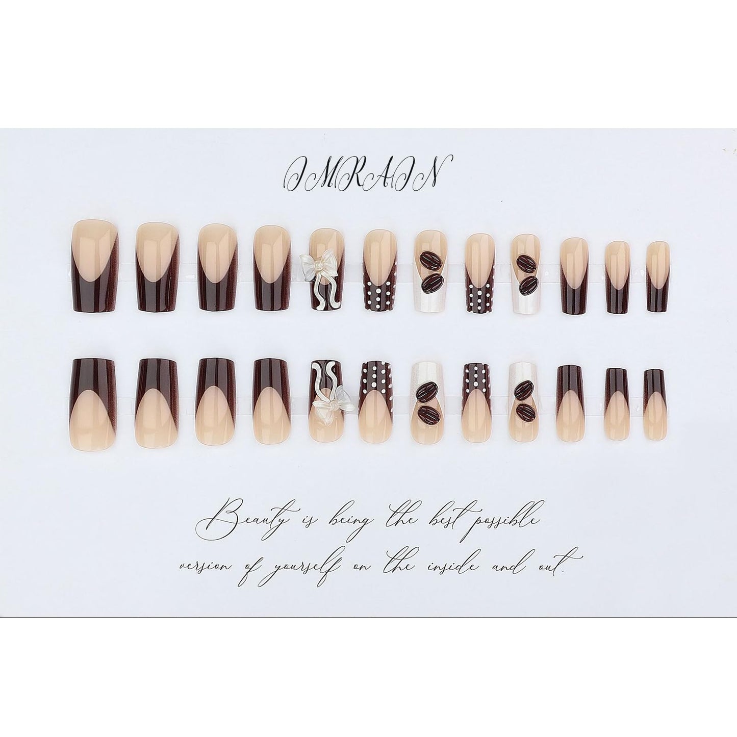 IMRAIN Square Press on Nails Long Fake Nails Brown French Tip False Nails with Polka Dot, Bow, Coffee Bean Design Reusable Artificial Handmade Stick on Nails for Women Manicure
