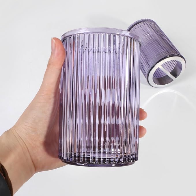 Purple Toothbrush Holders for Bathrooms, 2pcs Glass Toothbrush Holder and 12oz Bathroom Tumbler Cup Set, Silver Tooth Brush and Toothpaste Organizer for Bathroom Vanity Countertop