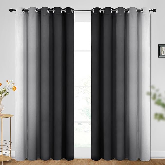 SimpleHome Ombre Room Darkening Curtains for Bedroom, Gradient Black to Grey White Light Blocking Thermal Insulated Grommet Window Curtains/Drapes for Living Room,2 Panels, 62x84 inches Length